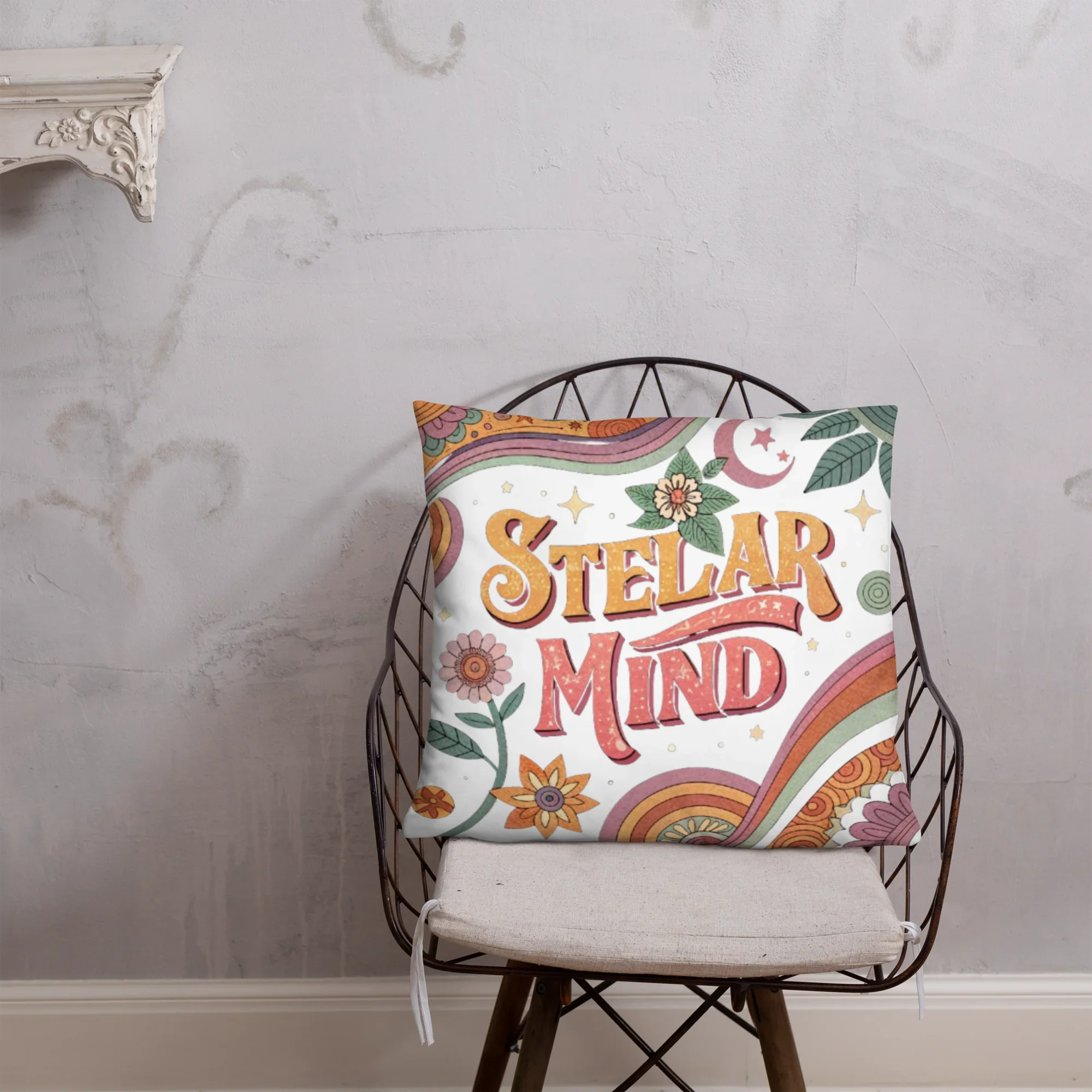 Stellar Mind Throw Pillow – Retro Psychedelic Typography Design | Boho Celestial & Mindful Vibes Decor - RaZits