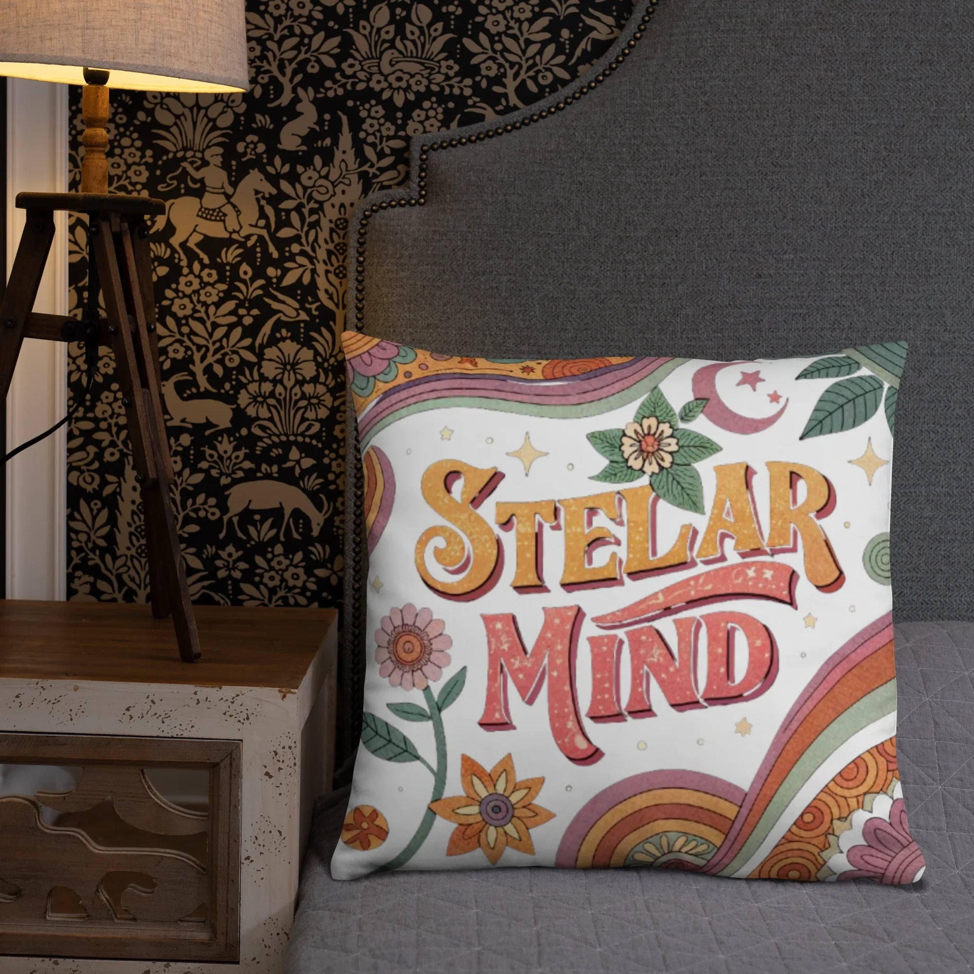 Stellar Mind Throw Pillow – Retro Psychedelic Typography Design | Boho Celestial & Mindful Vibes Decor - RaZits