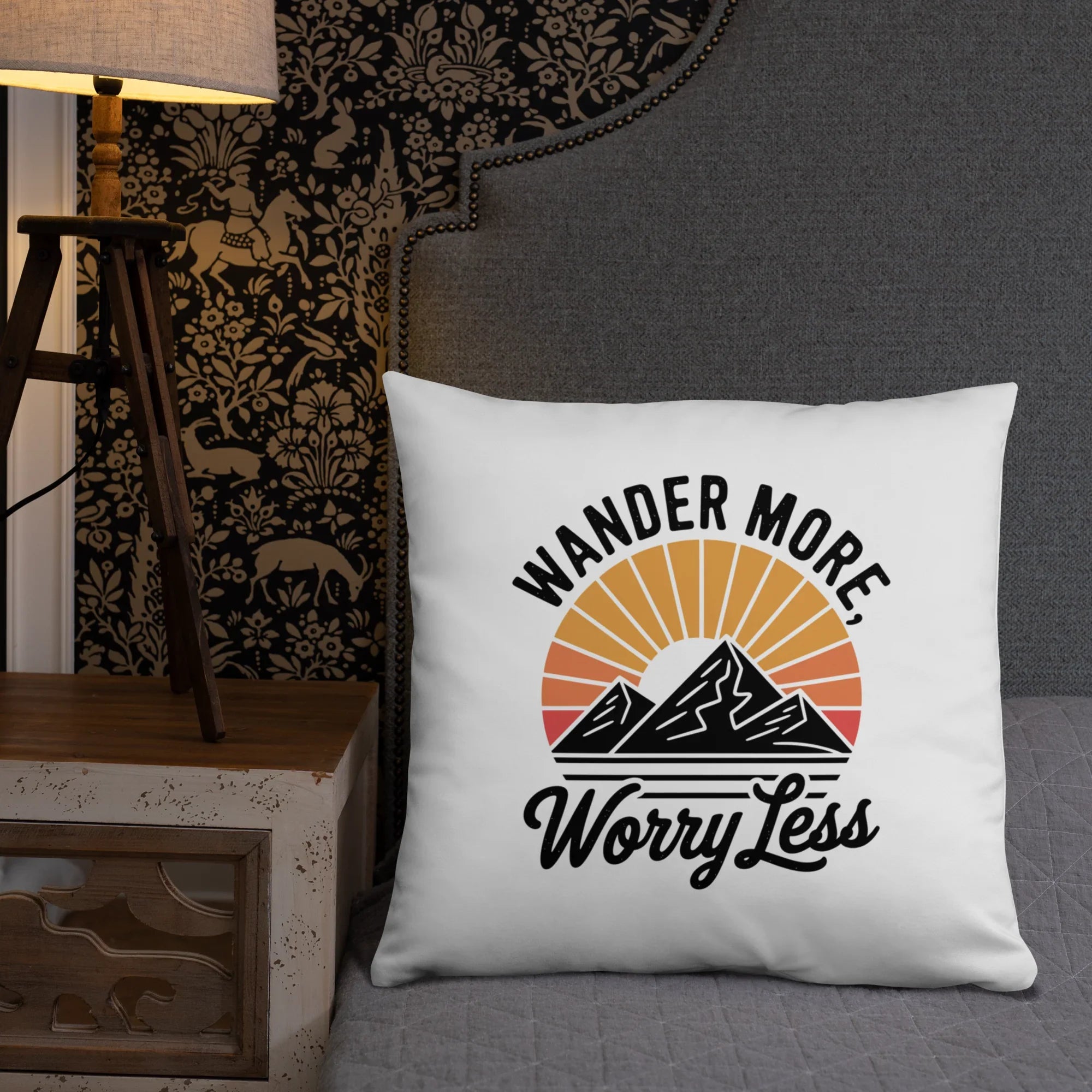 Wander More, Worry Less Throw Pillow – Mountain Sunrise Adventure Quote | Rustic Outdoor & Travel-Inspired Decor - RaZits