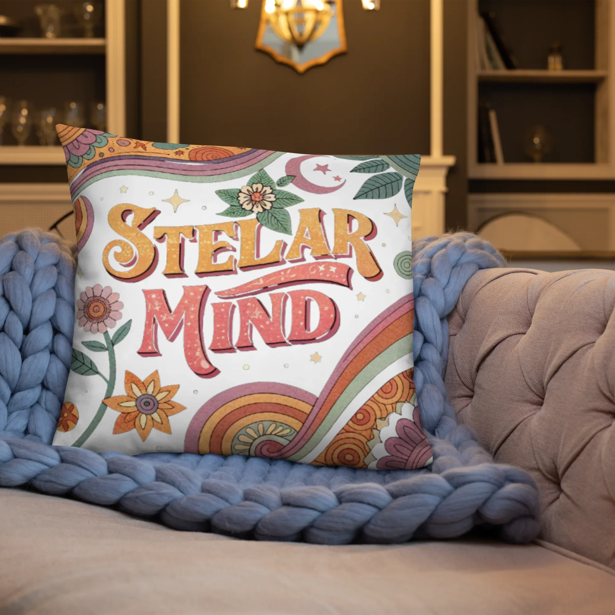 Stellar Mind Throw Pillow – Retro Psychedelic Typography Design | Boho Celestial & Mindful Vibes Decor - RaZits