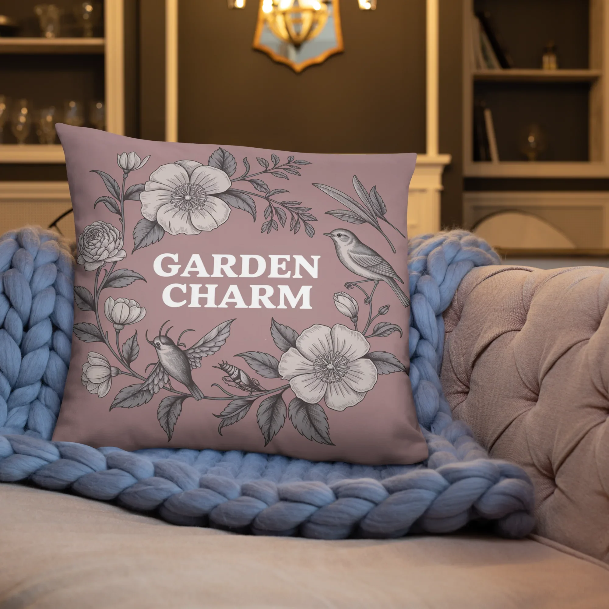 Garden Charm Throw Pillow – Vintage Botanical Floral Design with Birds | Cottagecore & Romantic Nature-Inspired Decor - RaZits