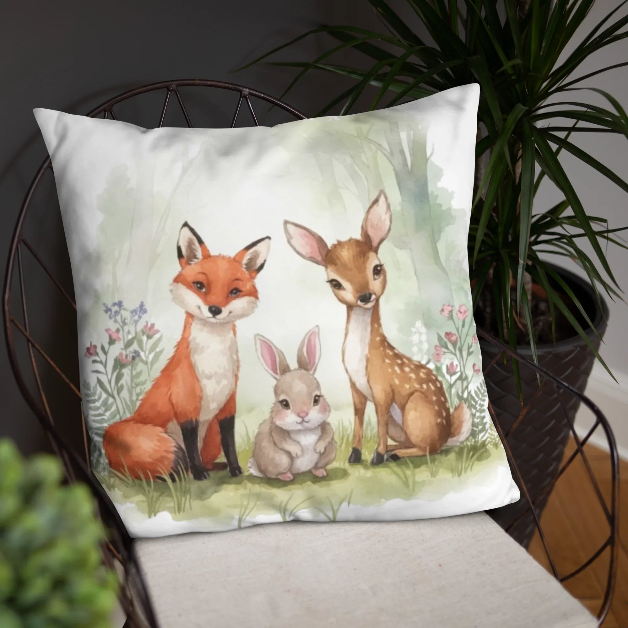 Woodland Animals Throw Pillow – Fox, Bunny & Deer Watercolor Design | Nursery Decor & Forest Friends Cushion - RaZits