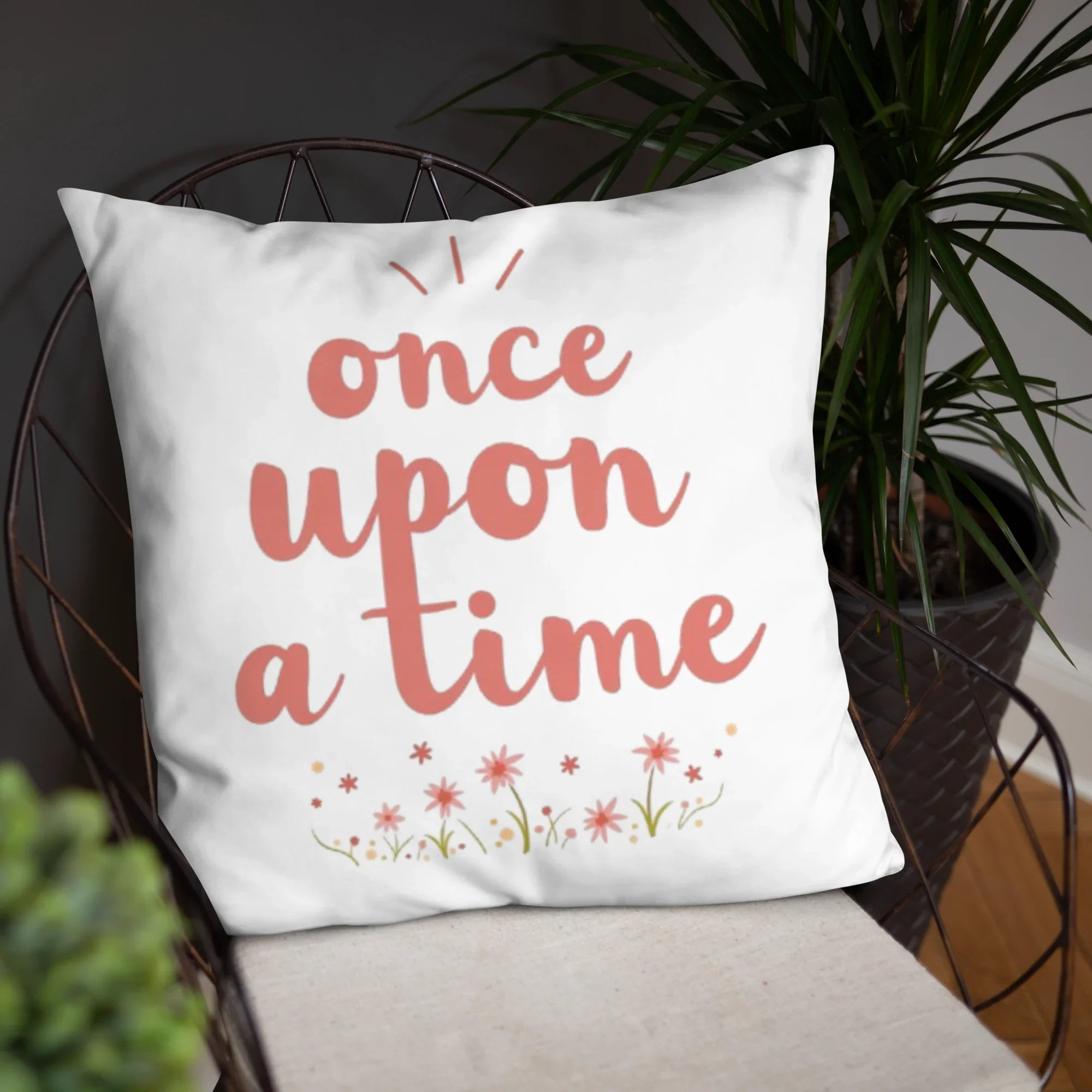 Once Upon a Time Throw Pillow – Whimsical Storybook Quote with Floral Design | Nursery & Reading Nook Decor - RaZits