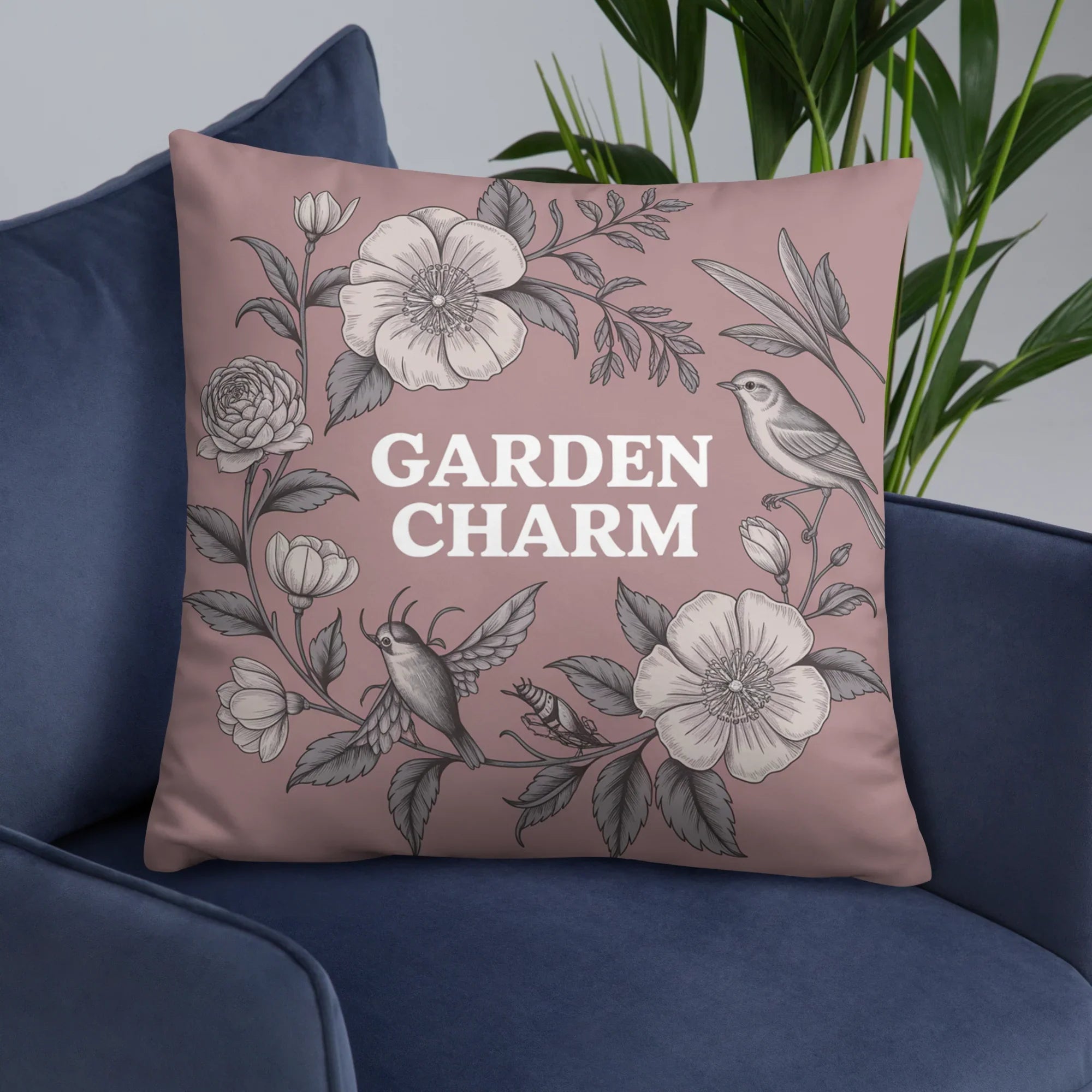 Garden Charm Throw Pillow – Vintage Botanical Floral Design with Birds | Cottagecore & Romantic Nature-Inspired Decor - RaZits