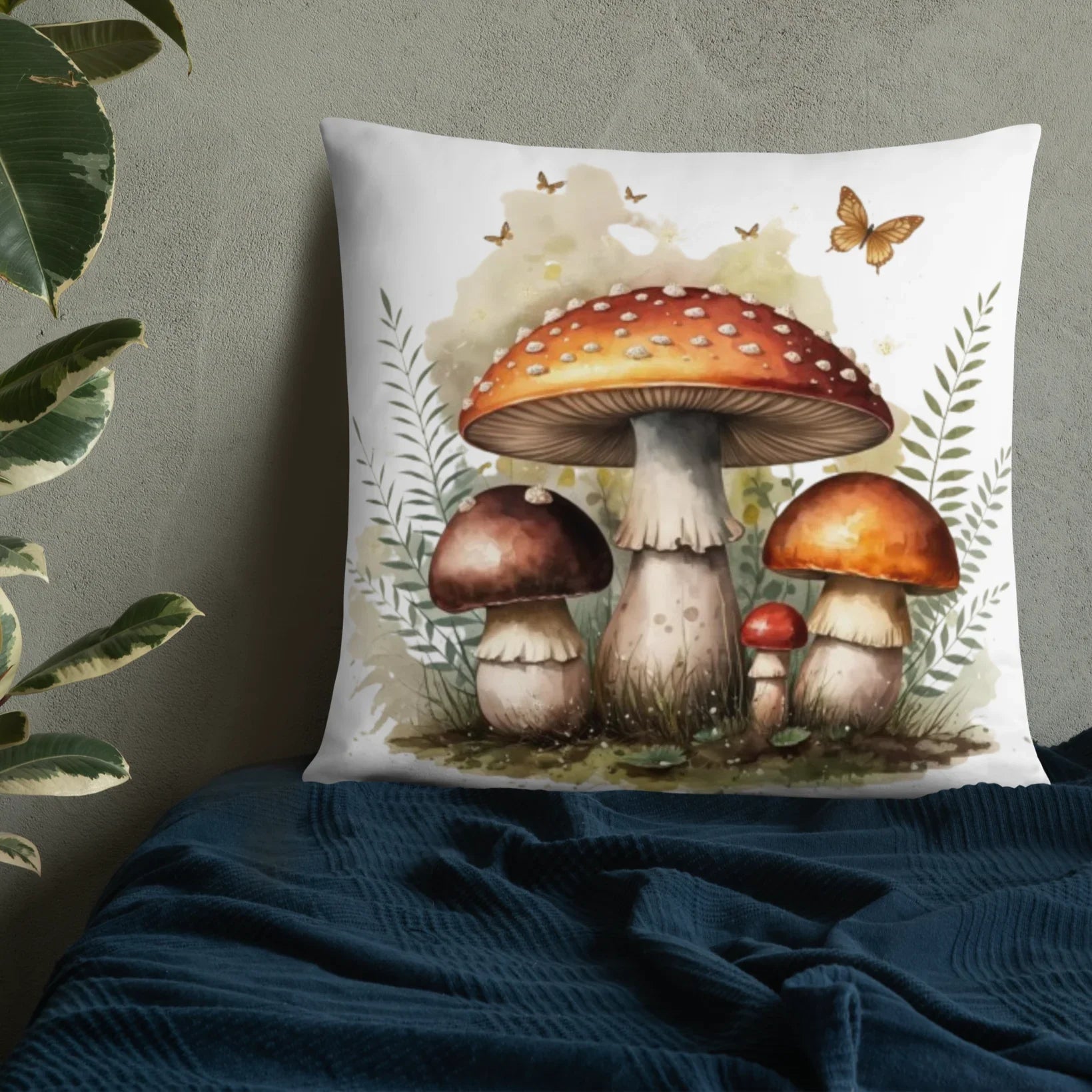 Woodland Mushroom Throw Pillow – Watercolor Toadstool & Fern Design | Cottagecore & Fairycore Forest Decor - RaZits