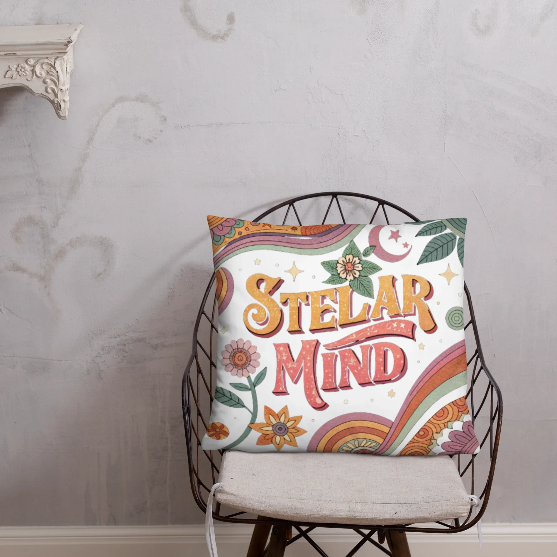 Stellar Mind Throw Pillow – Retro Psychedelic Typography Design | Boho Celestial & Mindful Vibes Decor - RaZits
