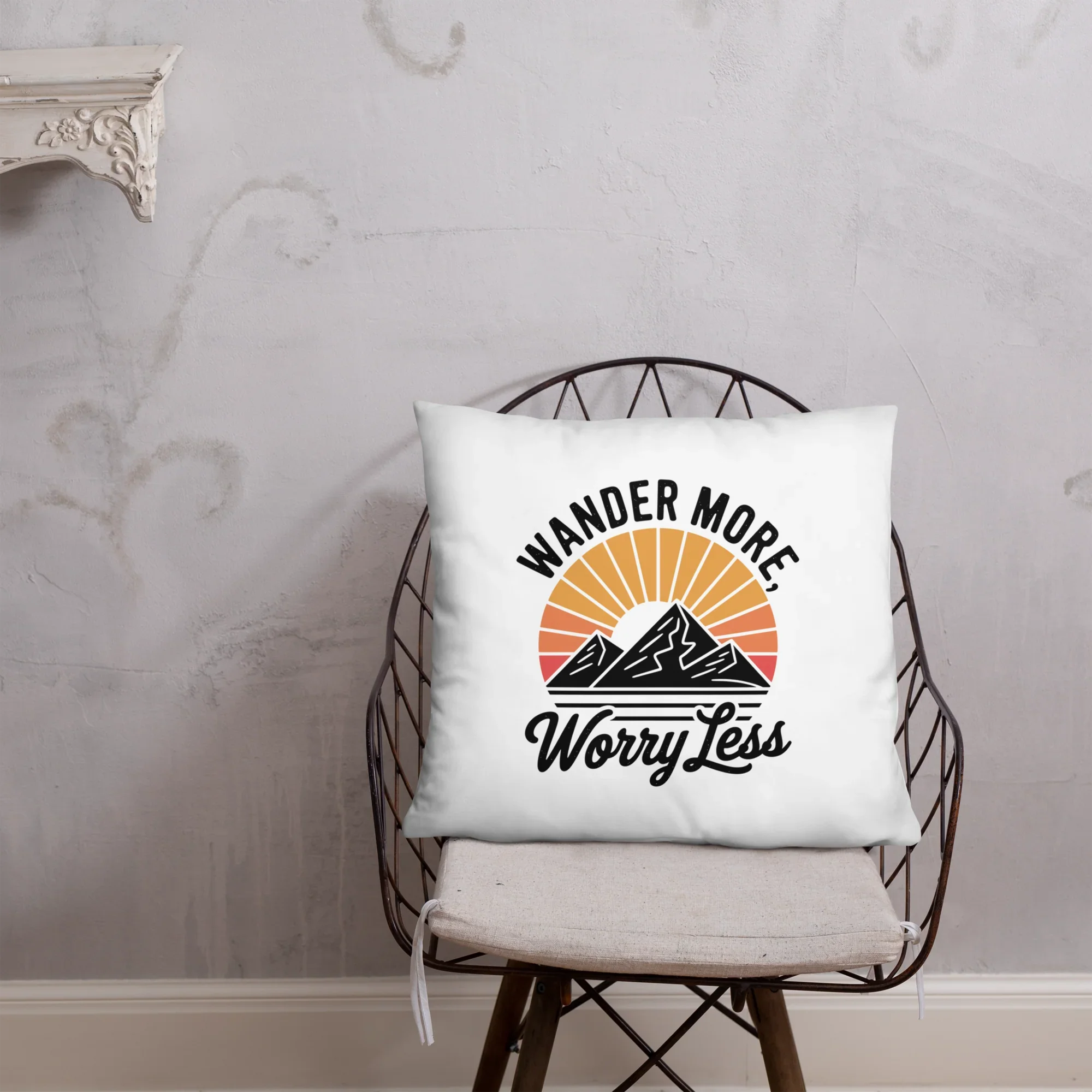 Wander More, Worry Less Throw Pillow – Mountain Sunrise Adventure Quote | Rustic Outdoor & Travel-Inspired Decor - RaZits