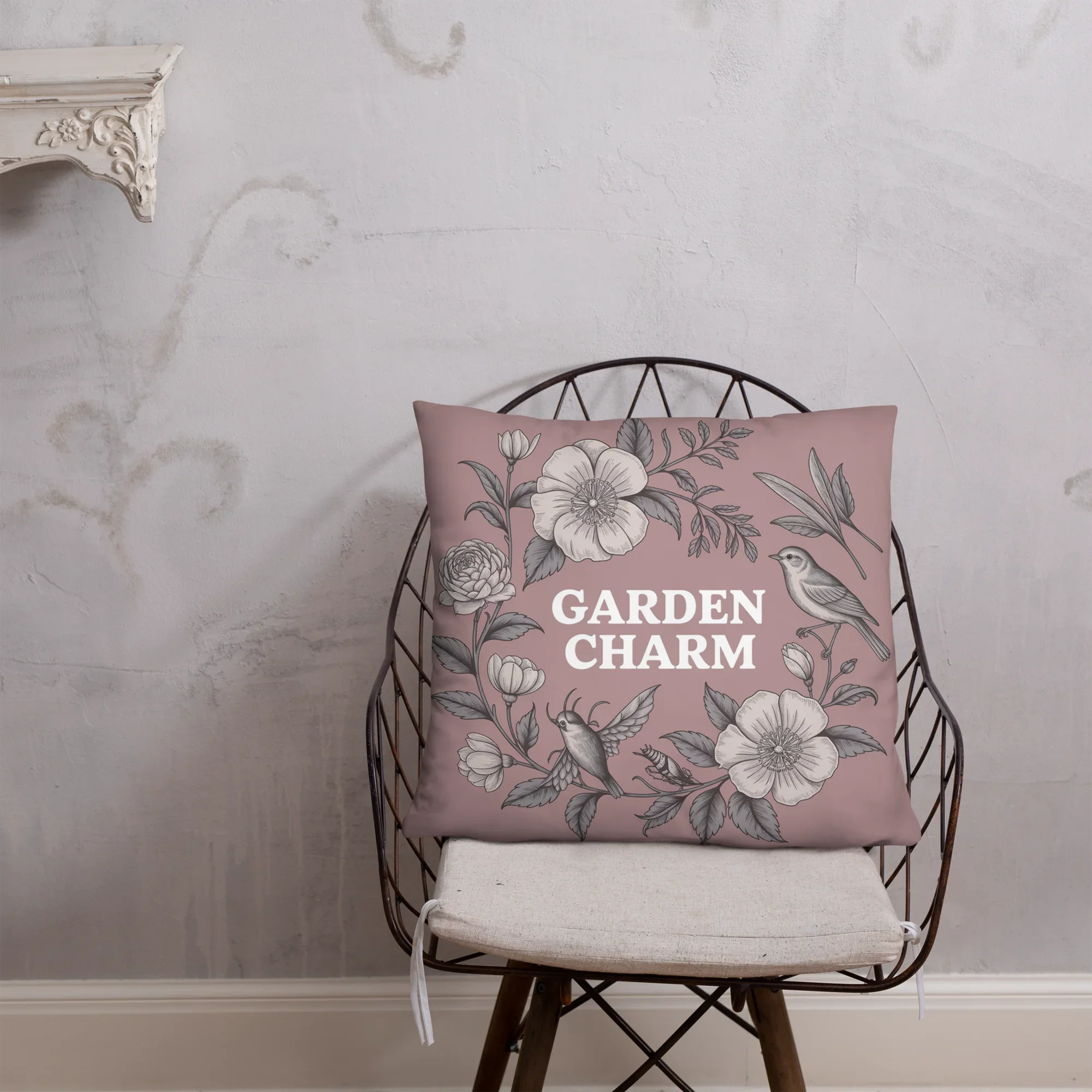 Garden Charm Throw Pillow – Vintage Botanical Floral Design with Birds | Cottagecore & Romantic Nature-Inspired Decor - RaZits