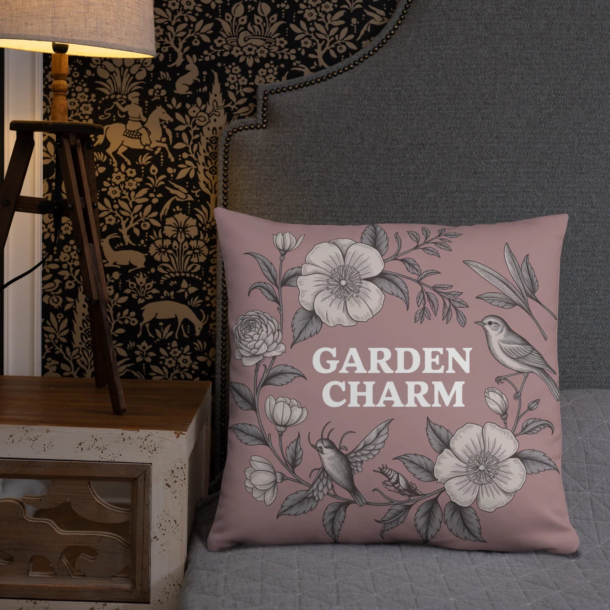 Garden Charm Throw Pillow – Vintage Botanical Floral Design with Birds | Cottagecore & Romantic Nature-Inspired Decor - RaZits