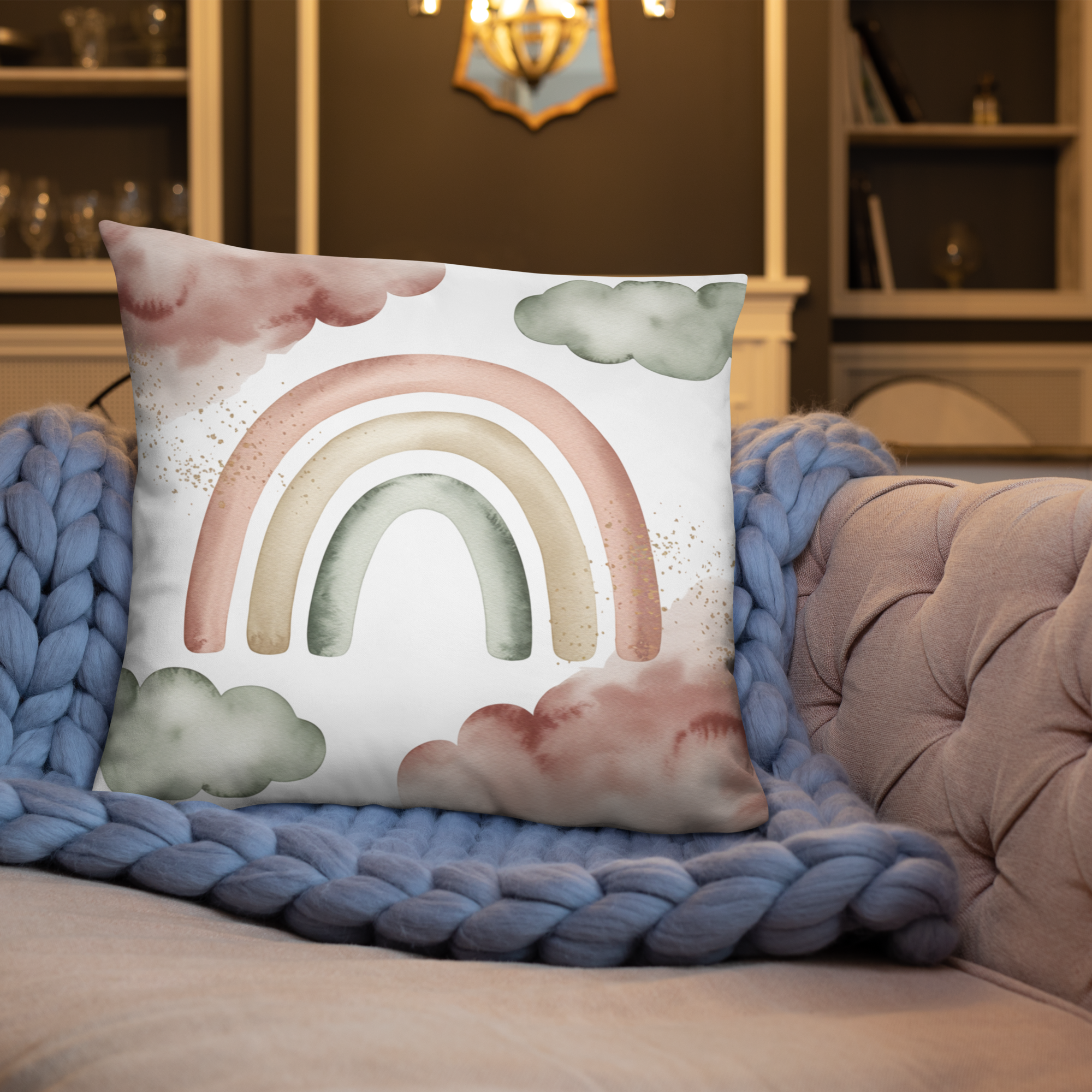 Boho Rainbow Throw Pillow – Pastel Watercolor Clouds & Neutral Tones | Nursery & Minimalist Home Decor.