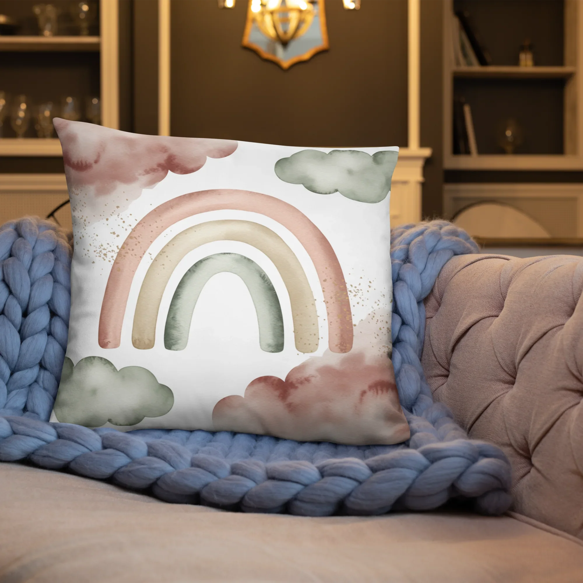 Boho Rainbow Throw Pillow – Pastel Watercolor Clouds & Neutral Tones | Nursery & Minimalist Home Decor - RaZits