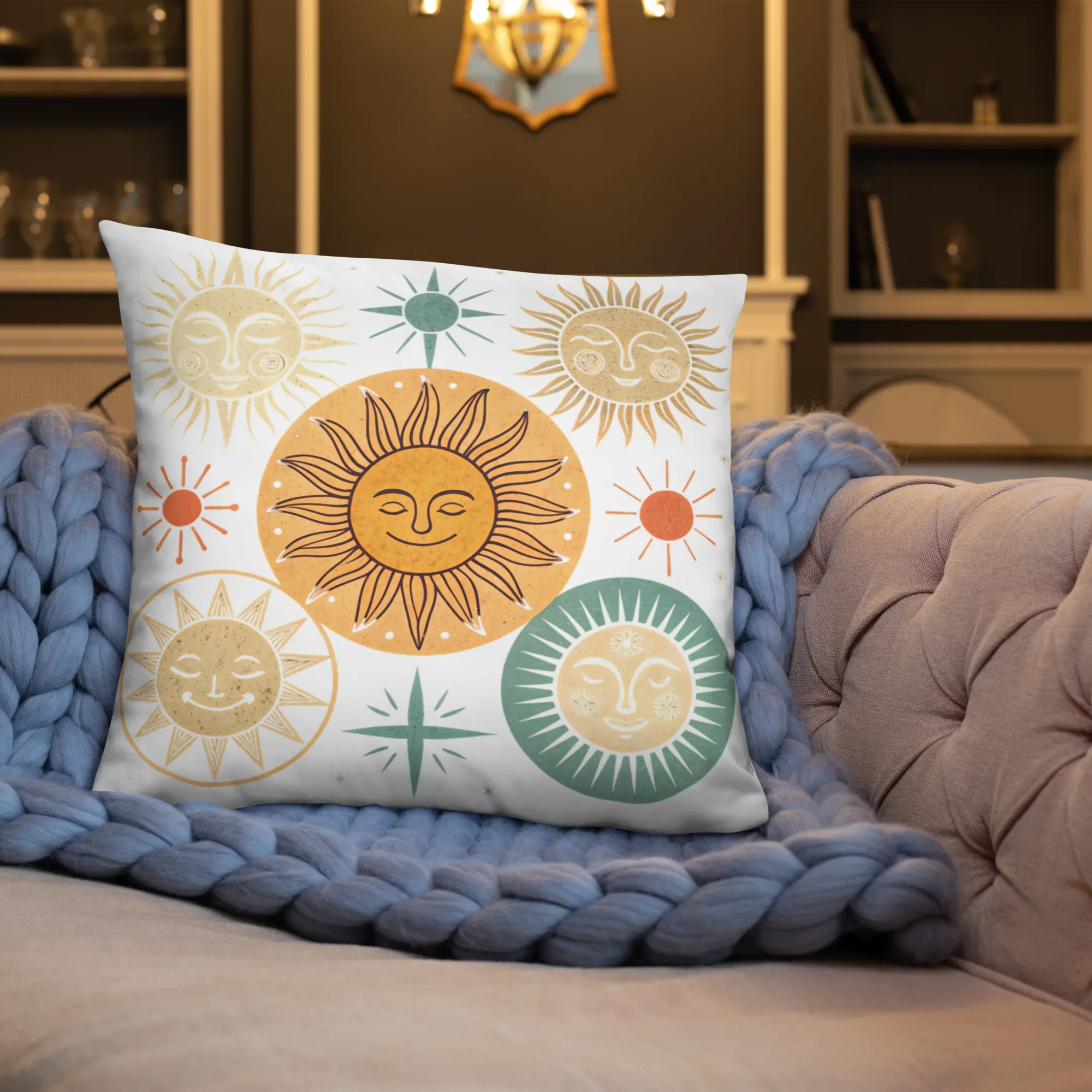 Celestial Sun Throw Pillow – Retro Boho Sun & Star Design | Mystical Astrology-Inspired Home Decor - RaZits