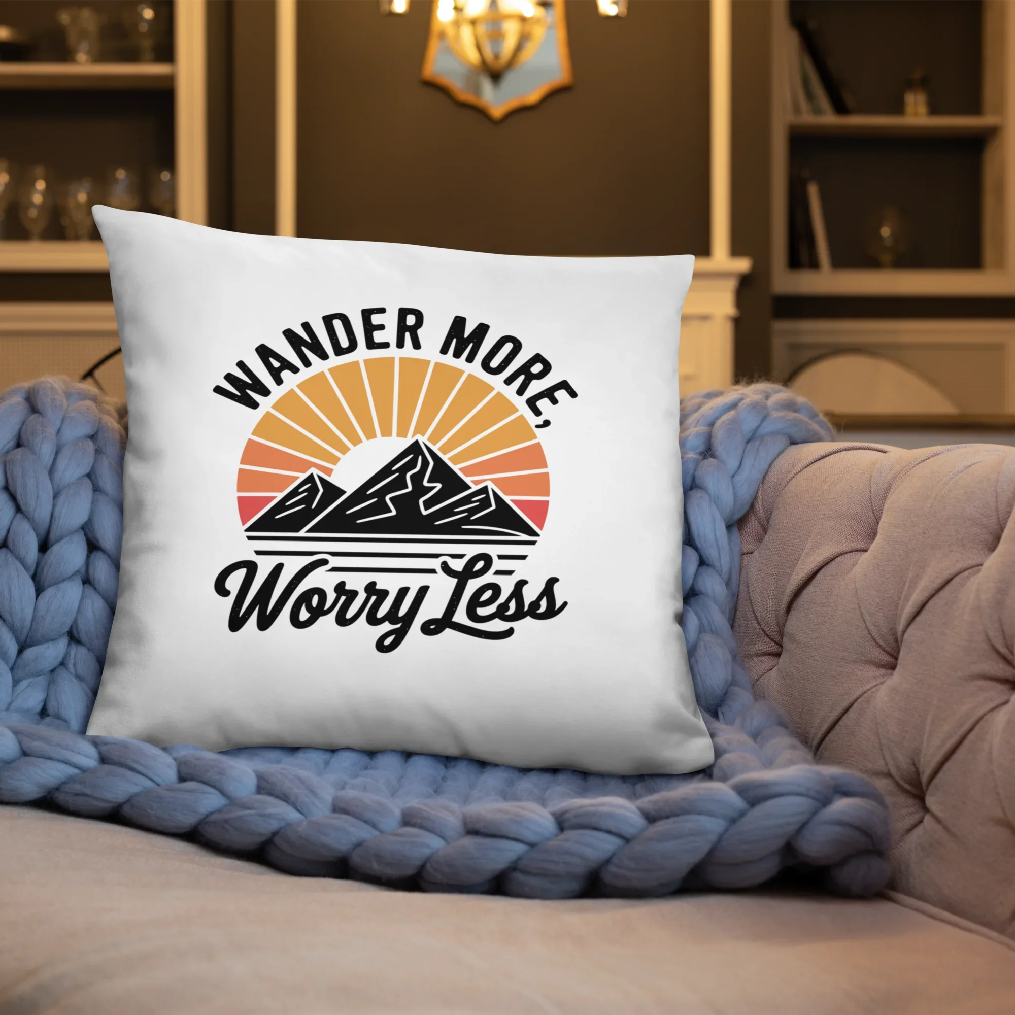 Wander More, Worry Less Throw Pillow – Mountain Sunrise Adventure Quote | Rustic Outdoor & Travel-Inspired Decor - RaZits