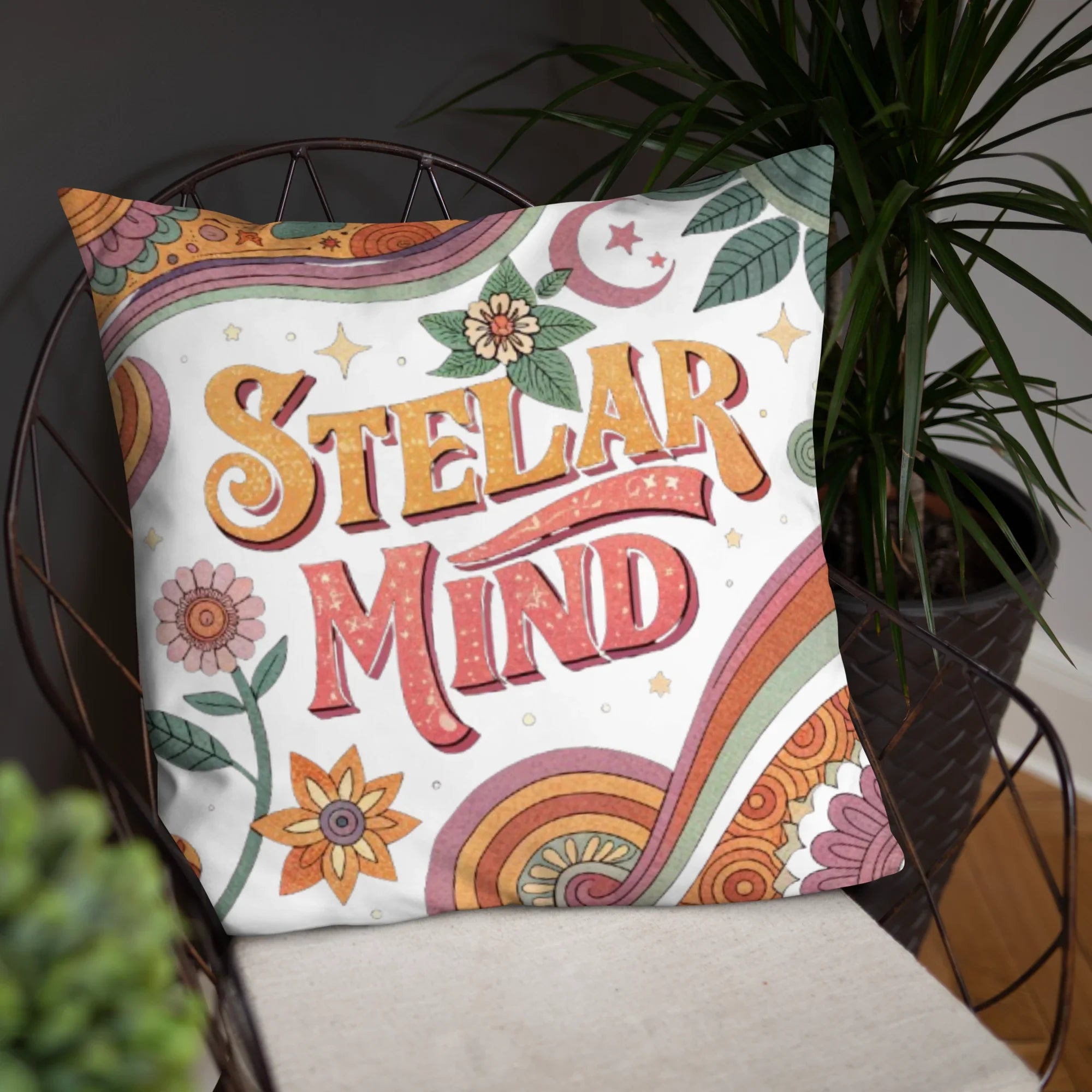 Stellar Mind Throw Pillow – Retro Psychedelic Typography Design | Boho Celestial & Mindful Vibes Decor - RaZits