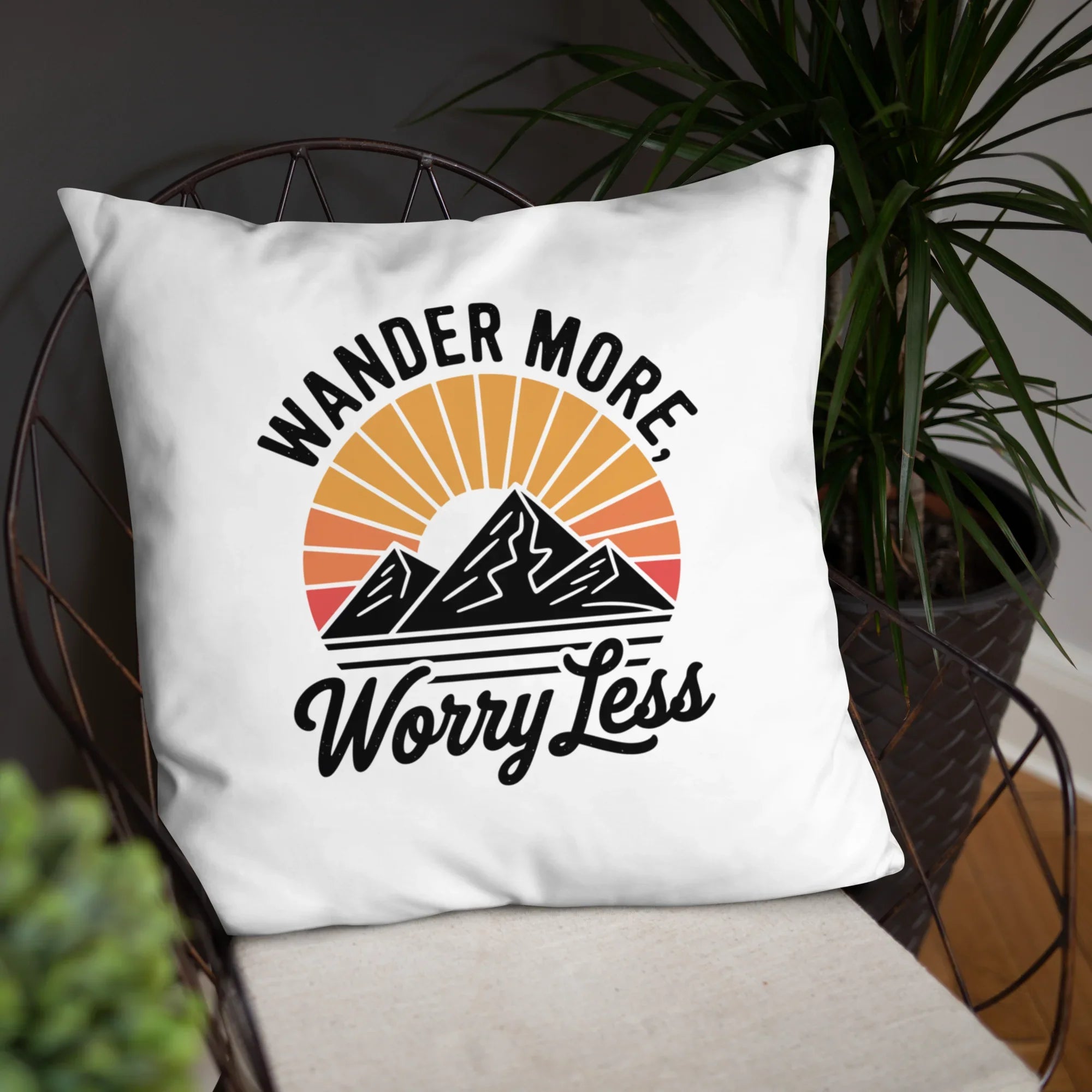 Wander More, Worry Less Throw Pillow – Mountain Sunrise Adventure Quote | Rustic Outdoor & Travel-Inspired Decor - RaZits