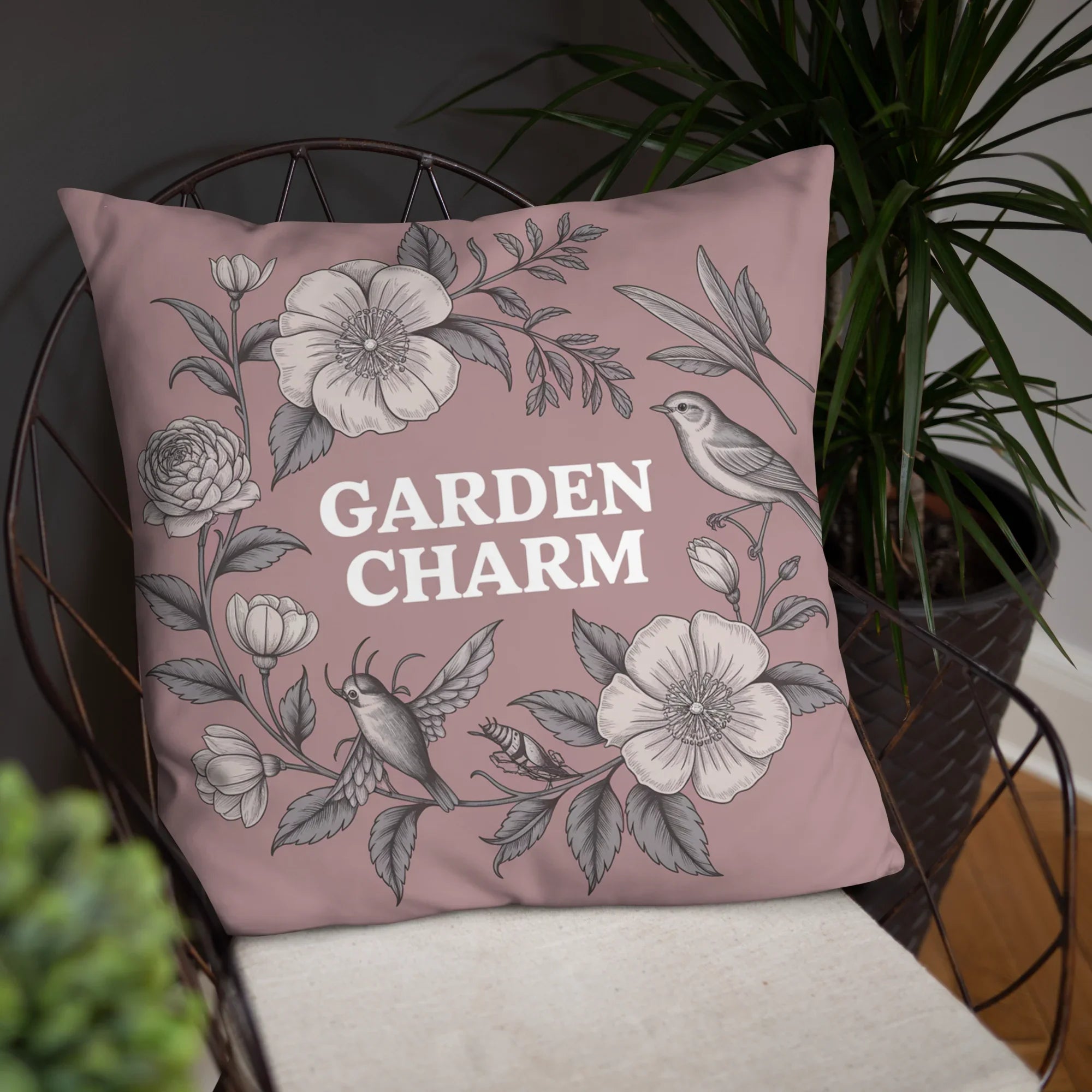 Garden Charm Throw Pillow – Vintage Botanical Floral Design with Birds | Cottagecore & Romantic Nature-Inspired Decor - RaZits