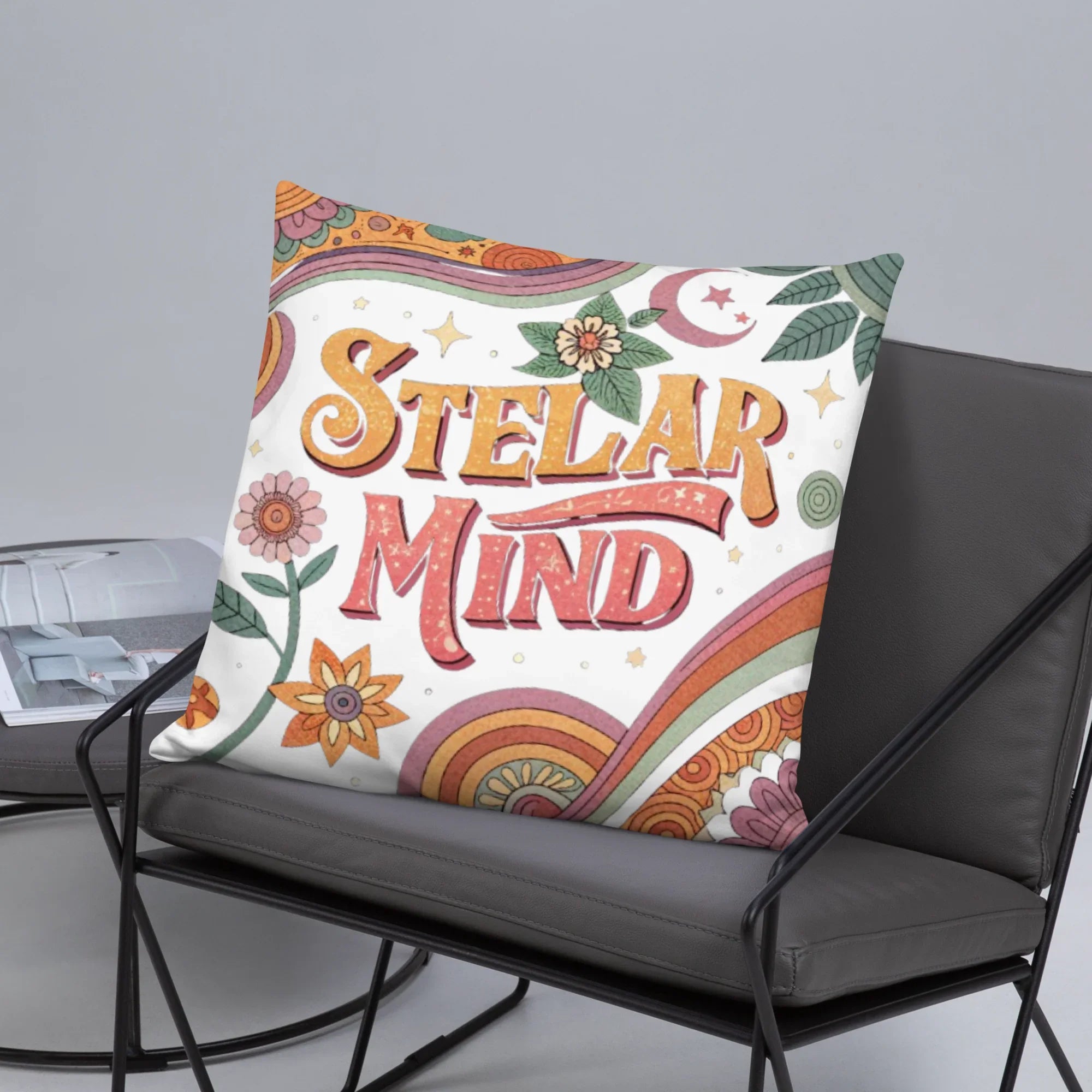 Stellar Mind Throw Pillow – Retro Psychedelic Typography Design | Boho Celestial & Mindful Vibes Decor - RaZits