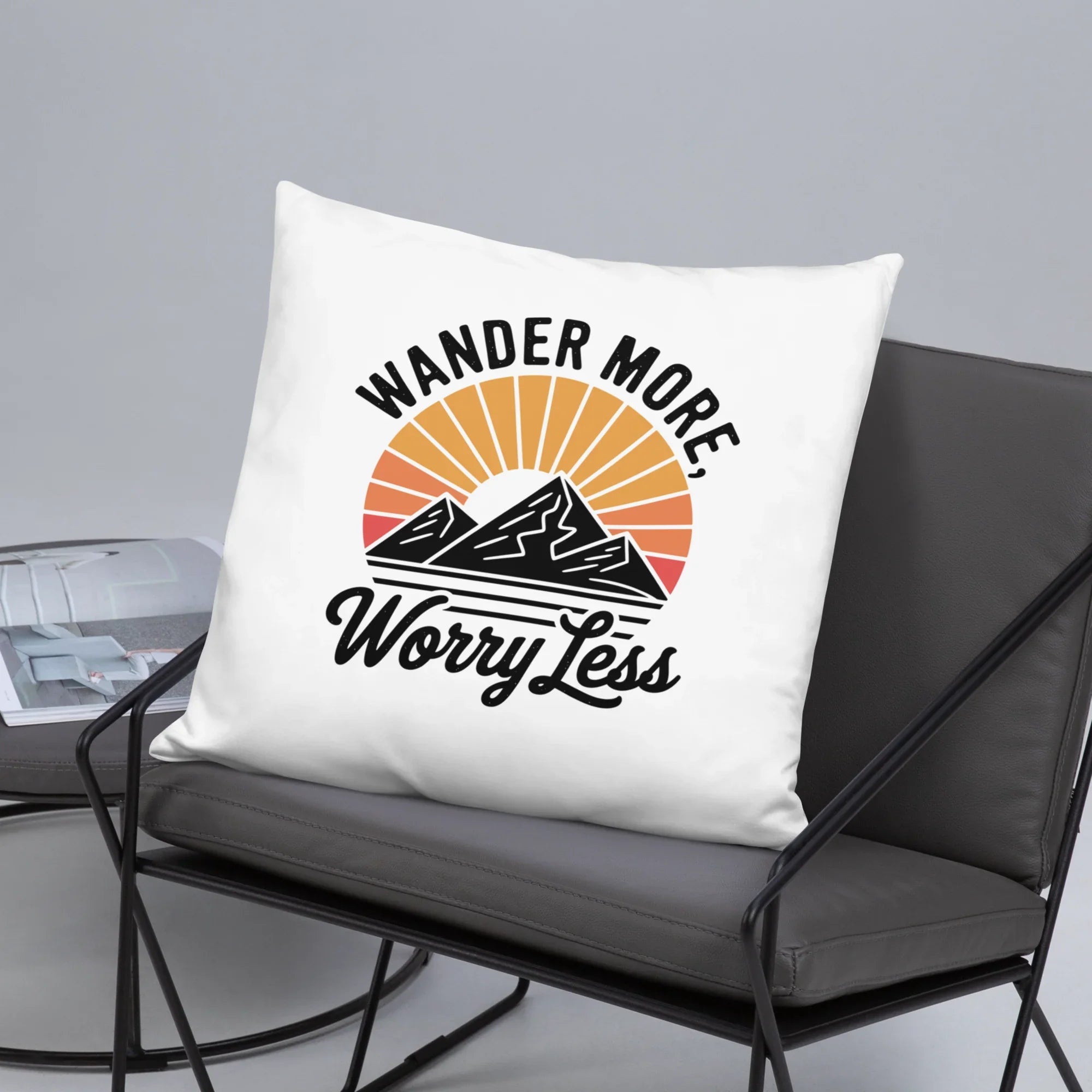Wander More, Worry Less Throw Pillow – Mountain Sunrise Adventure Quote | Rustic Outdoor & Travel-Inspired Decor - RaZits