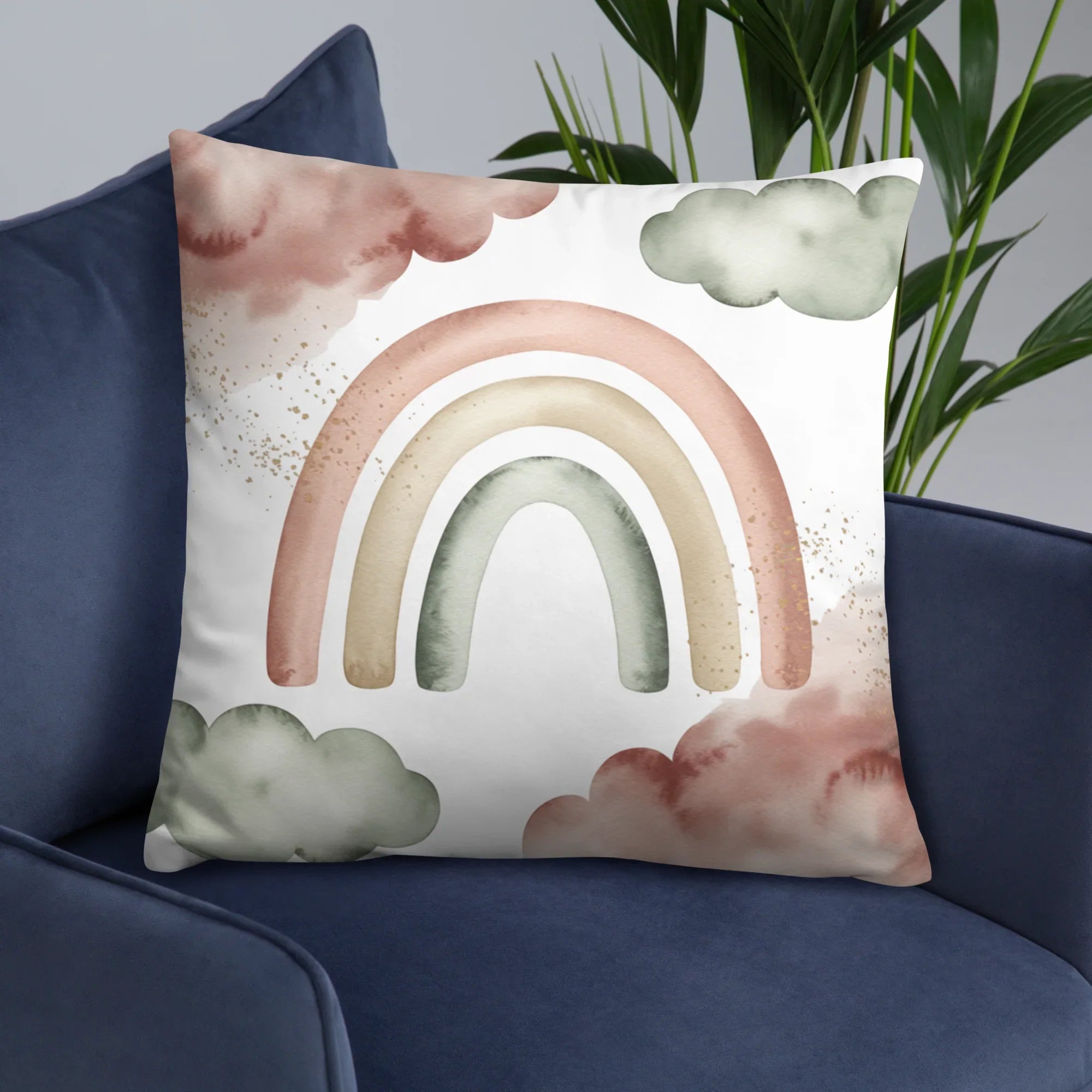 Boho Rainbow Throw Pillow – Pastel Watercolor Clouds & Neutral Tones | Nursery & Minimalist Home Decor - RaZits