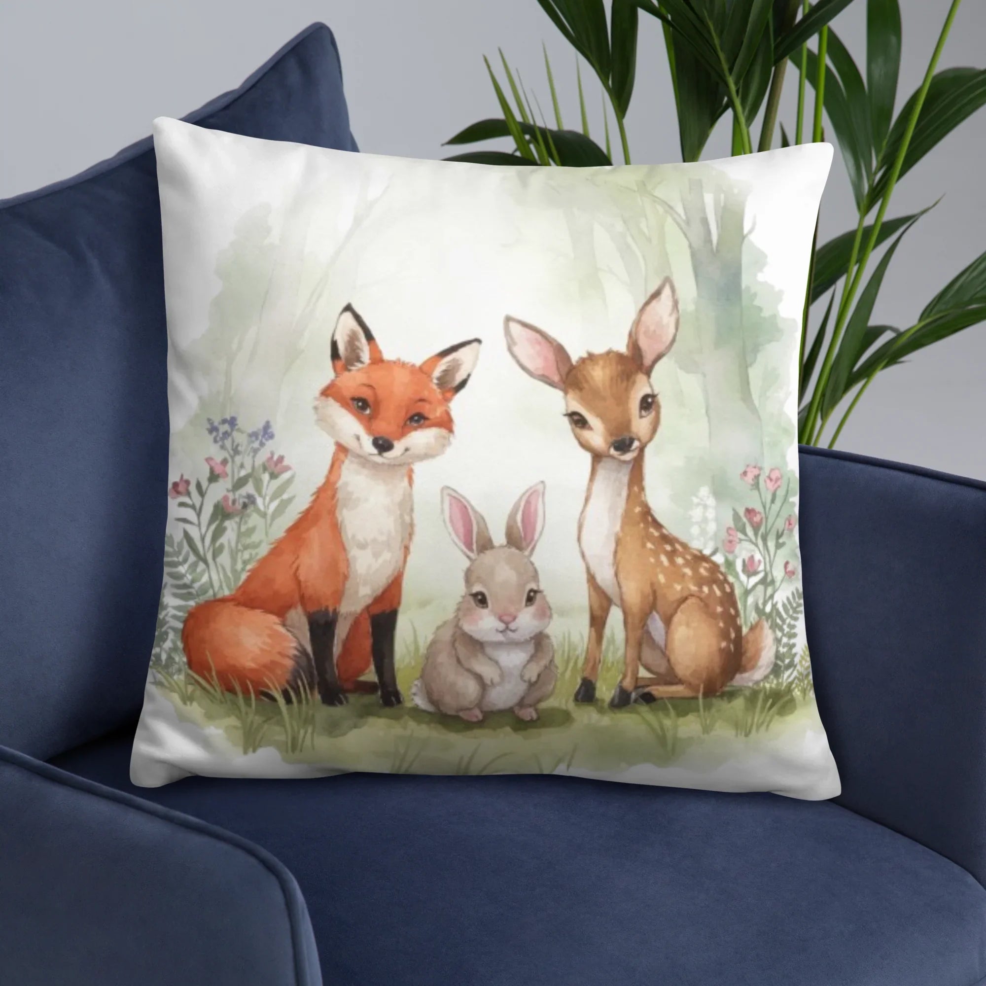 Woodland Animals Throw Pillow – Fox, Bunny & Deer Watercolor Design | Nursery Decor & Forest Friends Cushion - RaZits