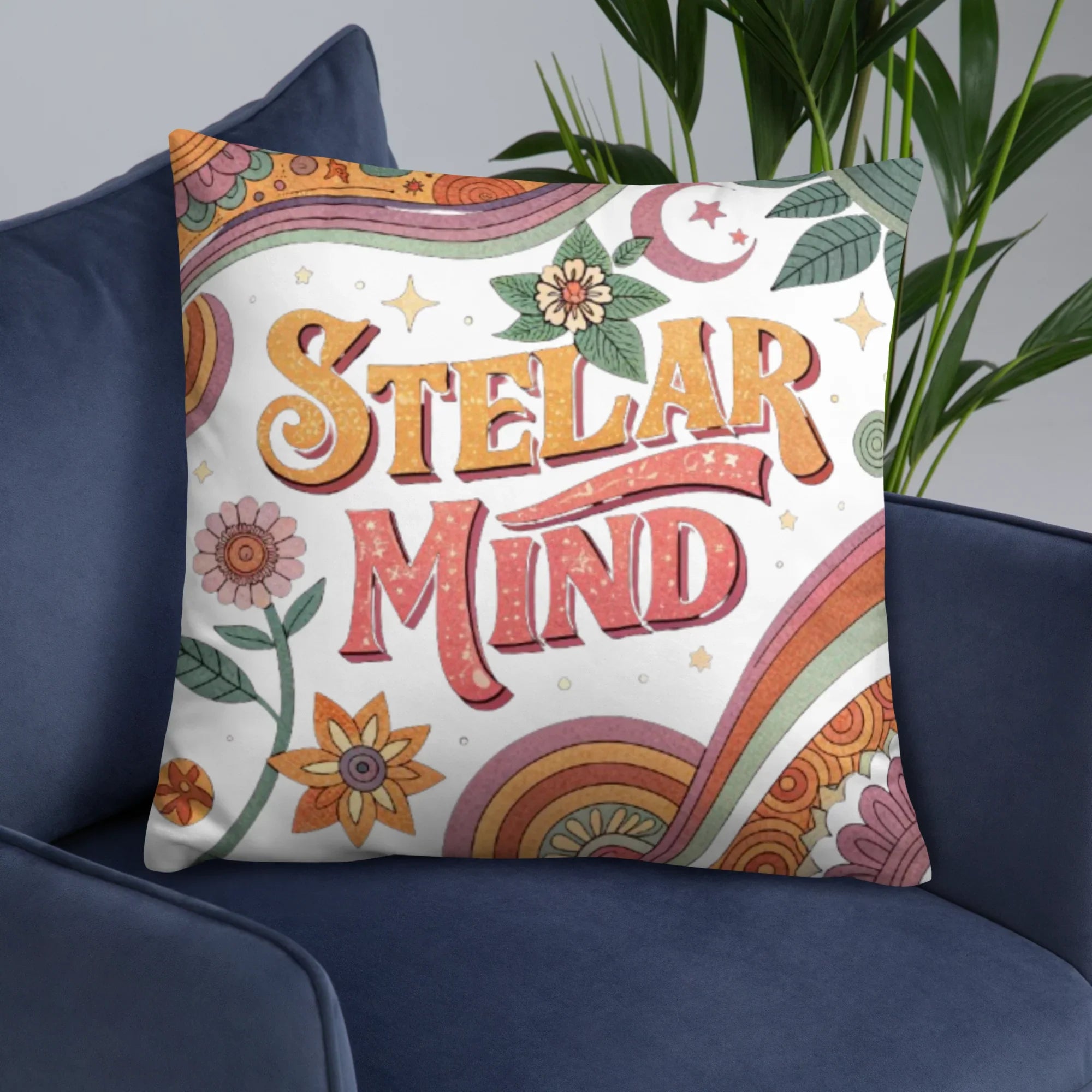 Stellar Mind Throw Pillow – Retro Psychedelic Typography Design | Boho Celestial & Mindful Vibes Decor - RaZits