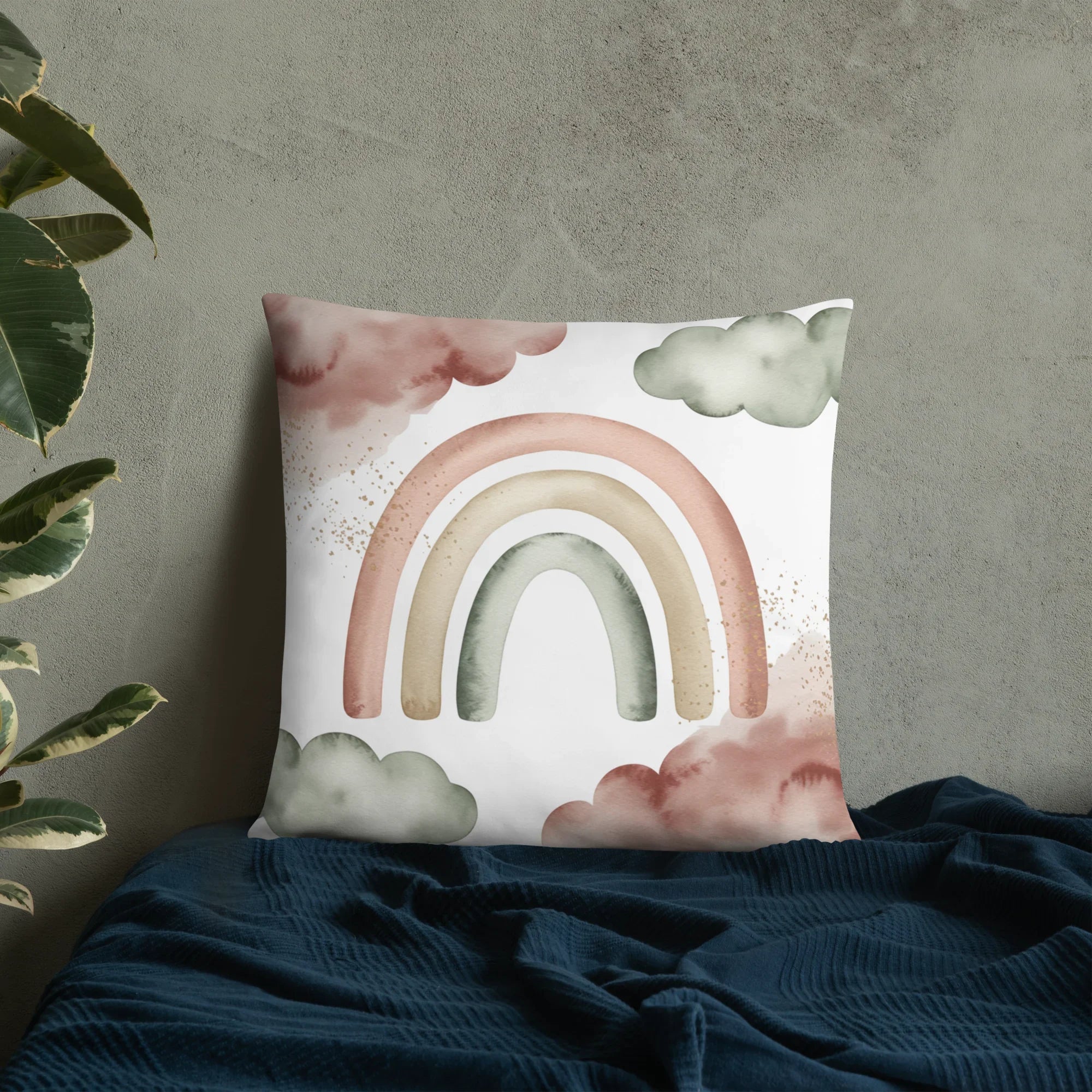 Boho Rainbow Throw Pillow – Pastel Watercolor Clouds & Neutral Tones | Nursery & Minimalist Home Decor - RaZits