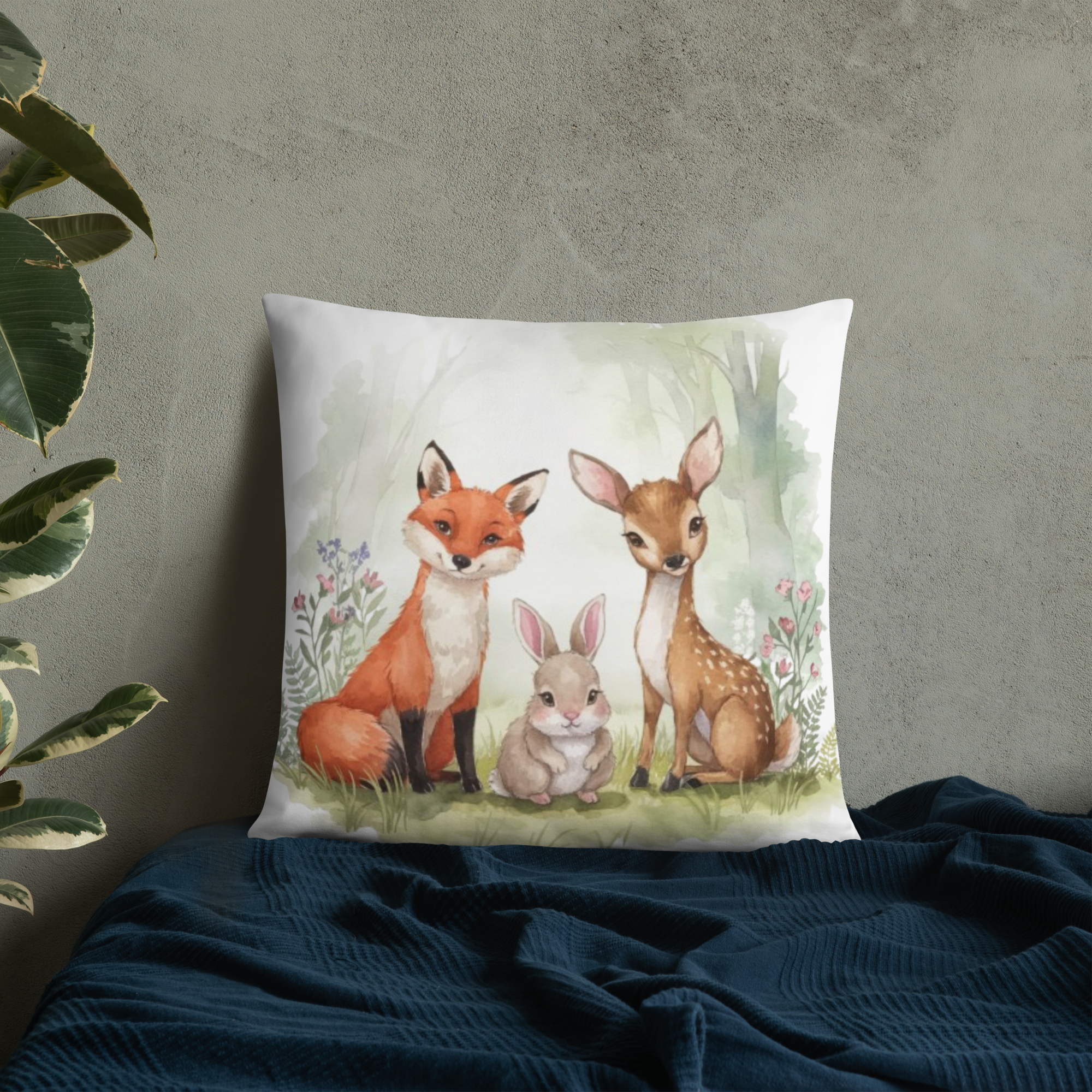 Woodland Animals Throw Pillow – Fox, Bunny & Deer Watercolor Design | Nursery Decor & Forest Friends Cushion.