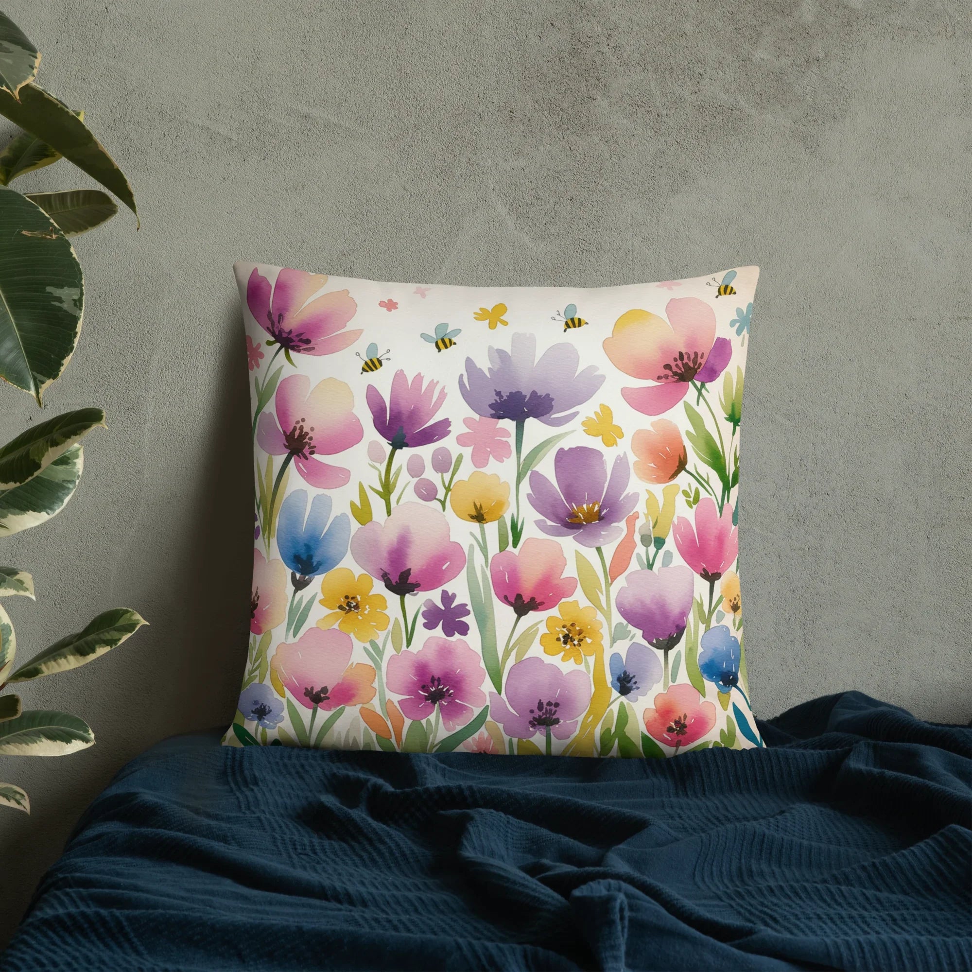 Watercolor Wildflower Throw Pillow – Colorful Floral & Bee Design | Spring & Cottagecore Inspired Decor - RaZits