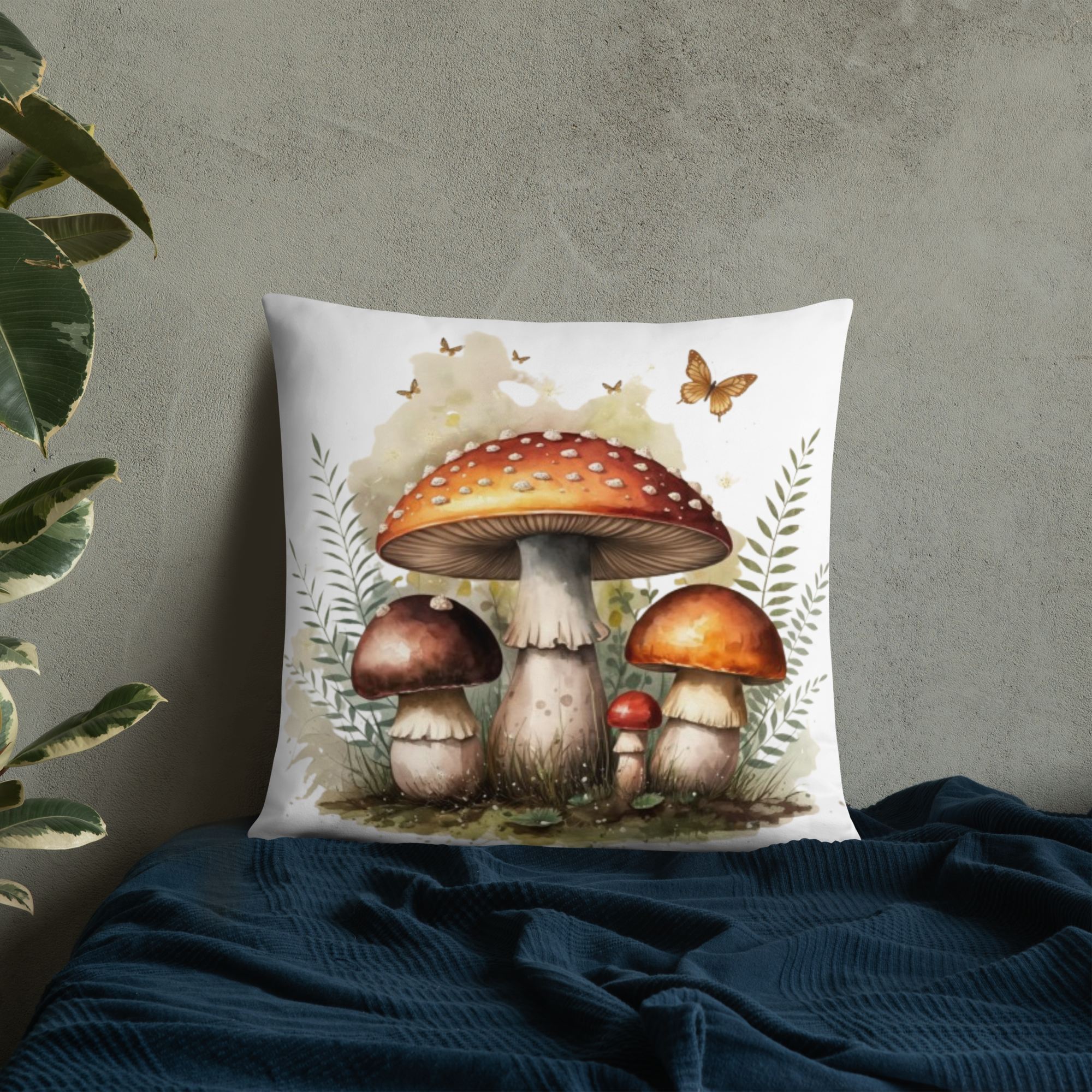 Woodland Mushroom Throw Pillow – Watercolor Toadstool & Fern Design | Cottagecore & Fairycore Forest Decor.