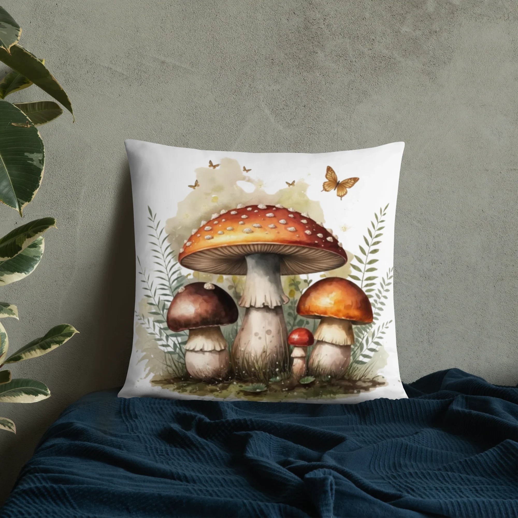 Woodland Mushroom Throw Pillow – Watercolor Toadstool & Fern Design | Cottagecore & Fairycore Forest Decor - RaZits