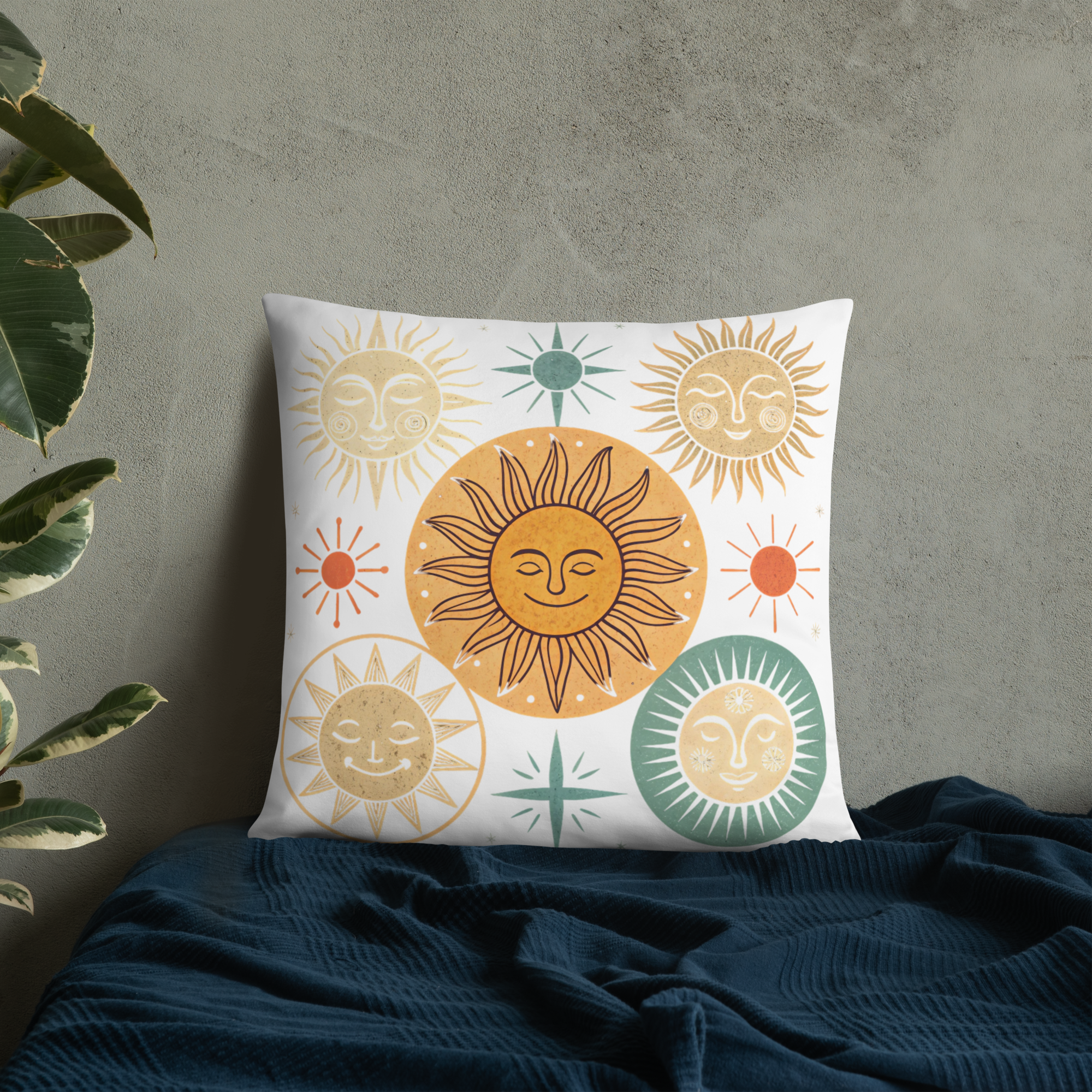 Celestial Sun Throw Pillow – Retro Boho Sun & Star Design | Mystical Astrology-Inspired Home Decor.