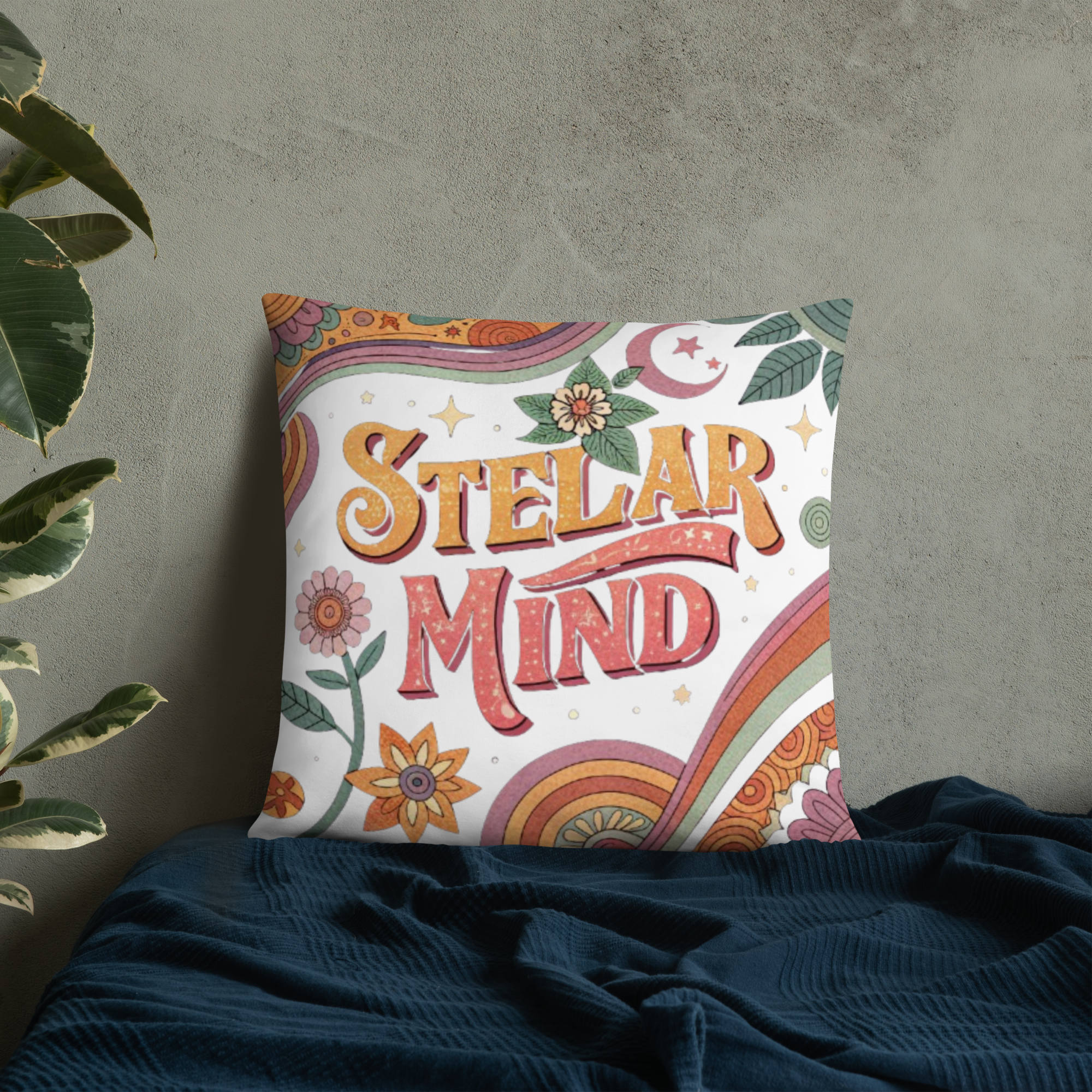 Stellar Mind Throw Pillow – Retro Psychedelic Typography Design | Boho Celestial & Mindful Vibes Decor.