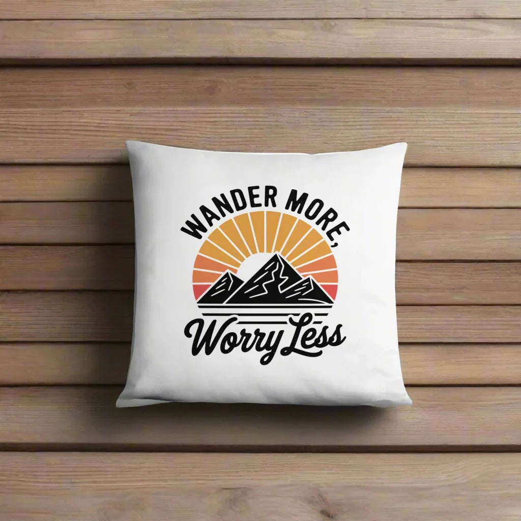 Wander More, Worry Less Throw Pillow – Mountain Sunrise Adventure Quote | Rustic Outdoor & Travel-Inspired Decor - RaZits
