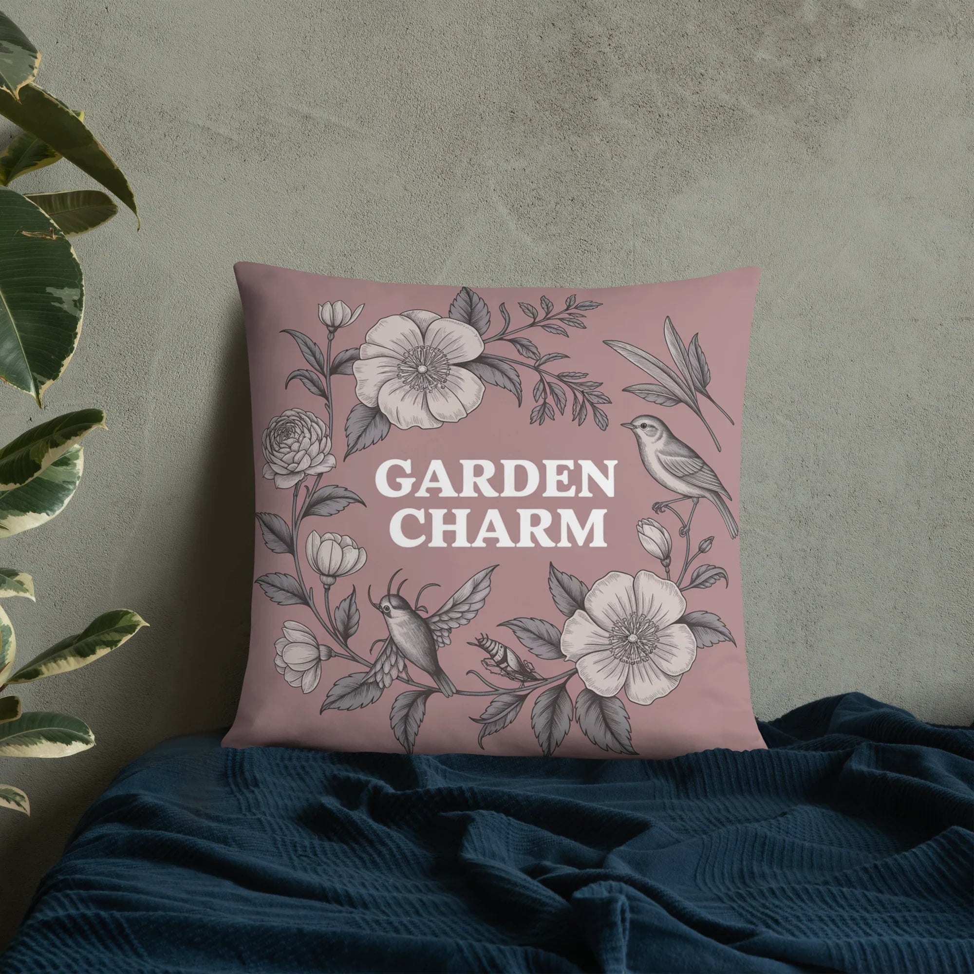 Garden Charm Throw Pillow – Vintage Botanical Floral Design with Birds | Cottagecore & Romantic Nature-Inspired Decor - RaZits