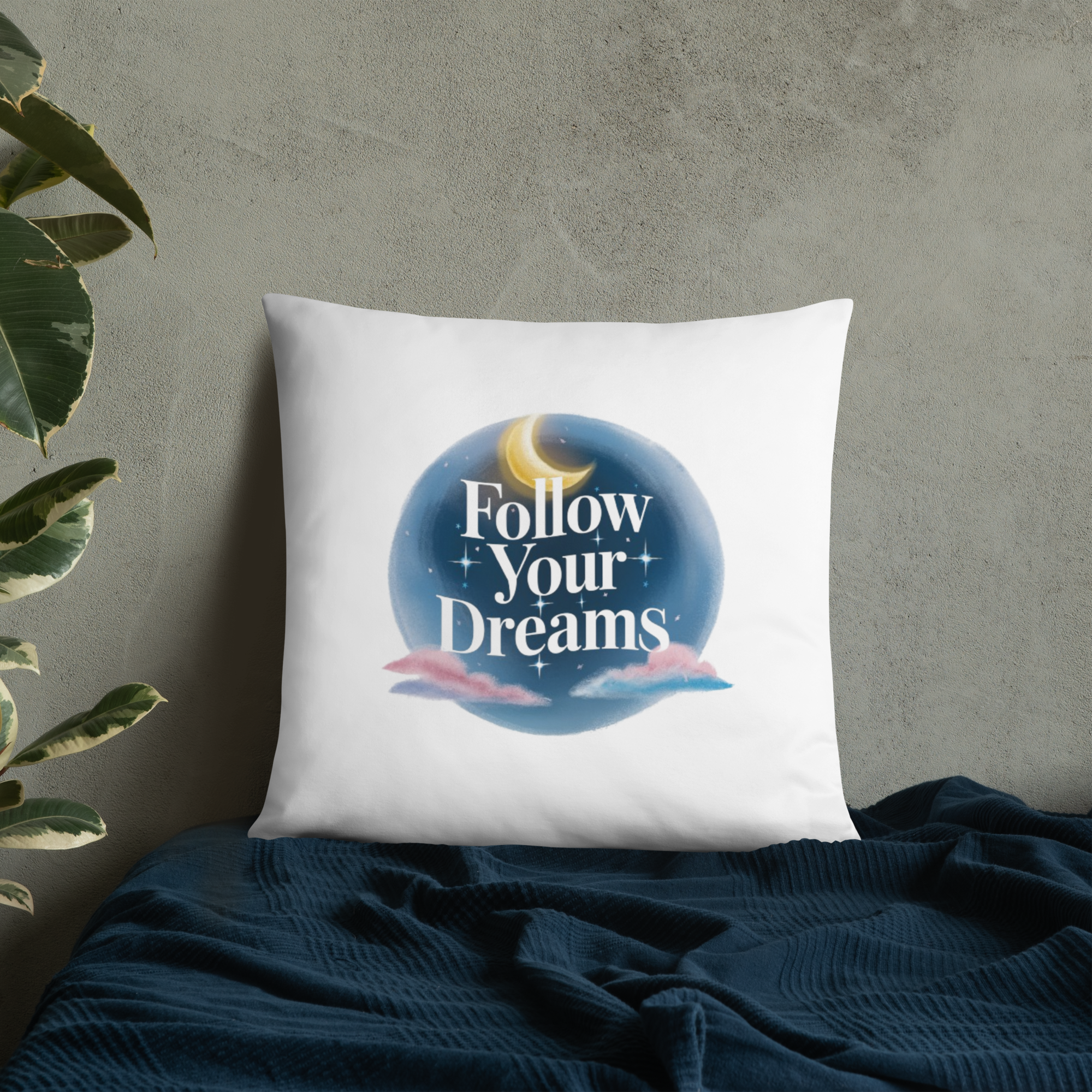 Follow Your Dreams Pillow – Celestial Quote Cushion.
