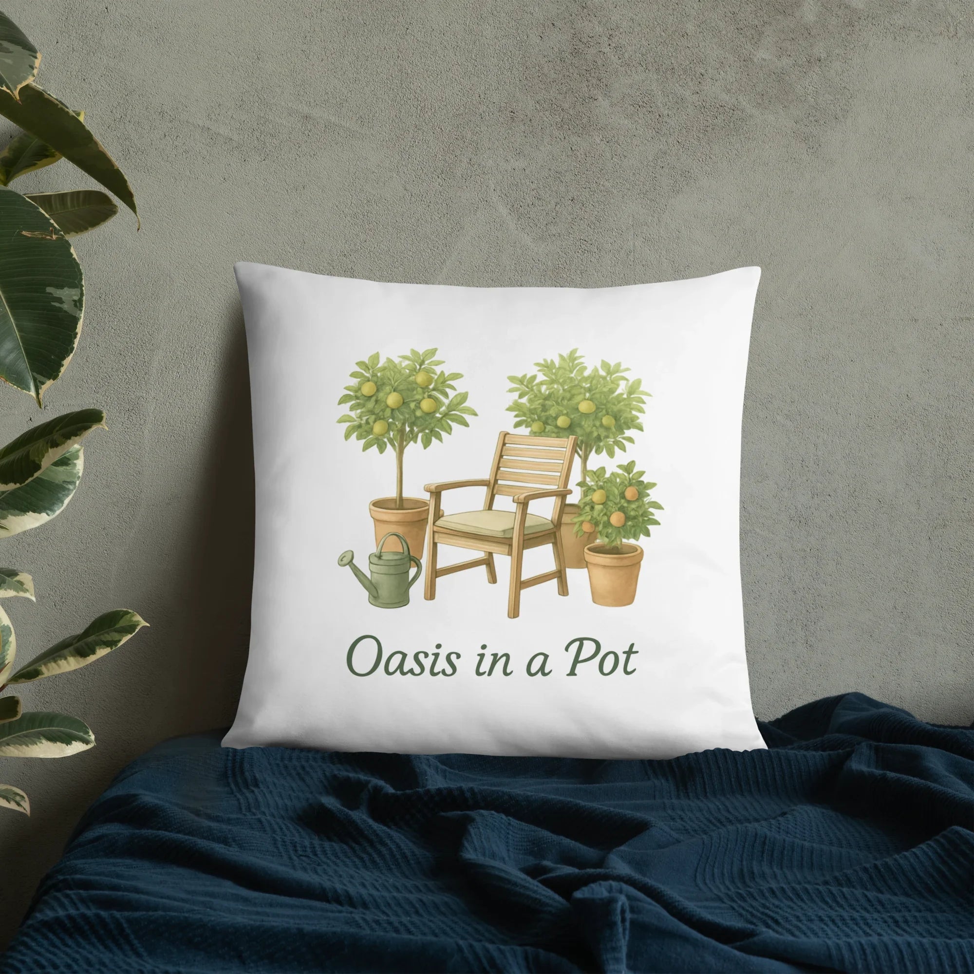 Oasis in a Pot Throw Pillow – Potted Citrus Trees & Chair Illustration - RaZits