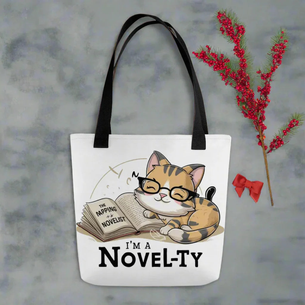 I'm a Novel-ty Tote Bag – Cute Bookish Cat Pun Design - RaZits