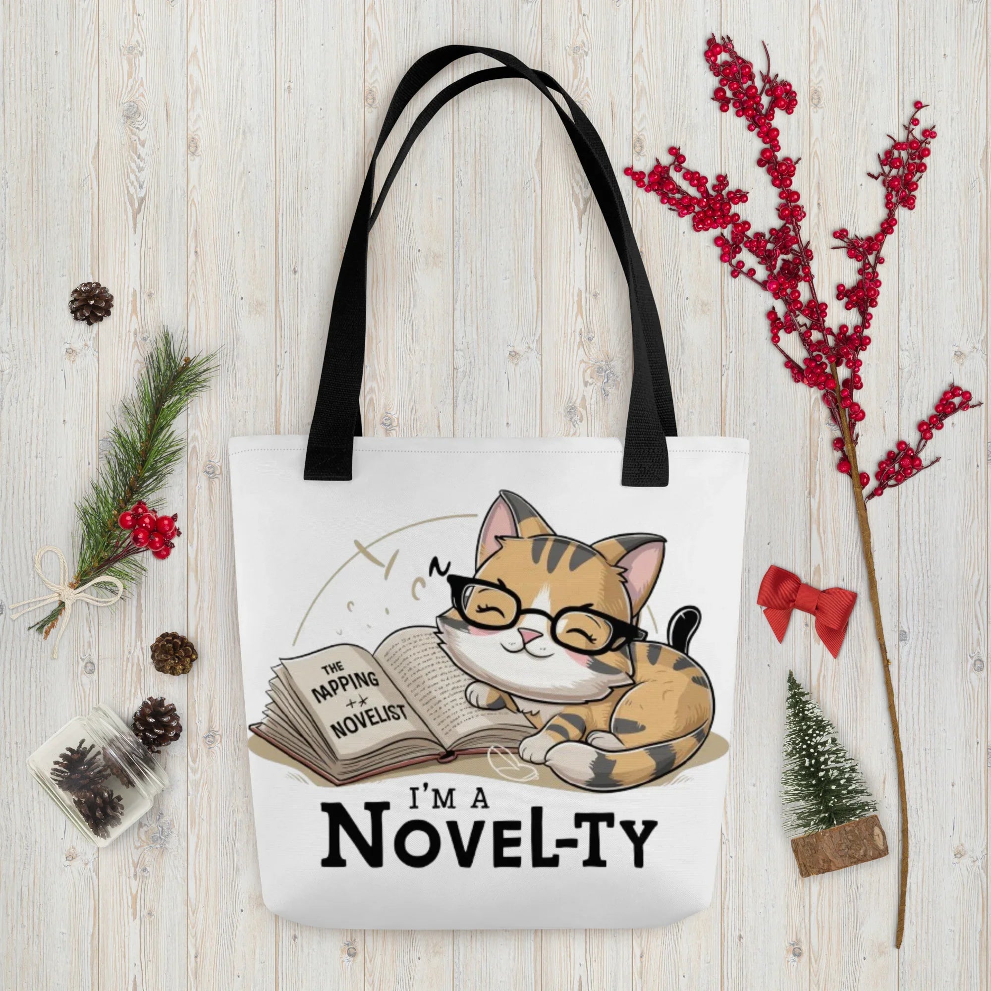 I'm a Novel-ty Tote Bag – Cute Bookish Cat Pun Design - RaZits