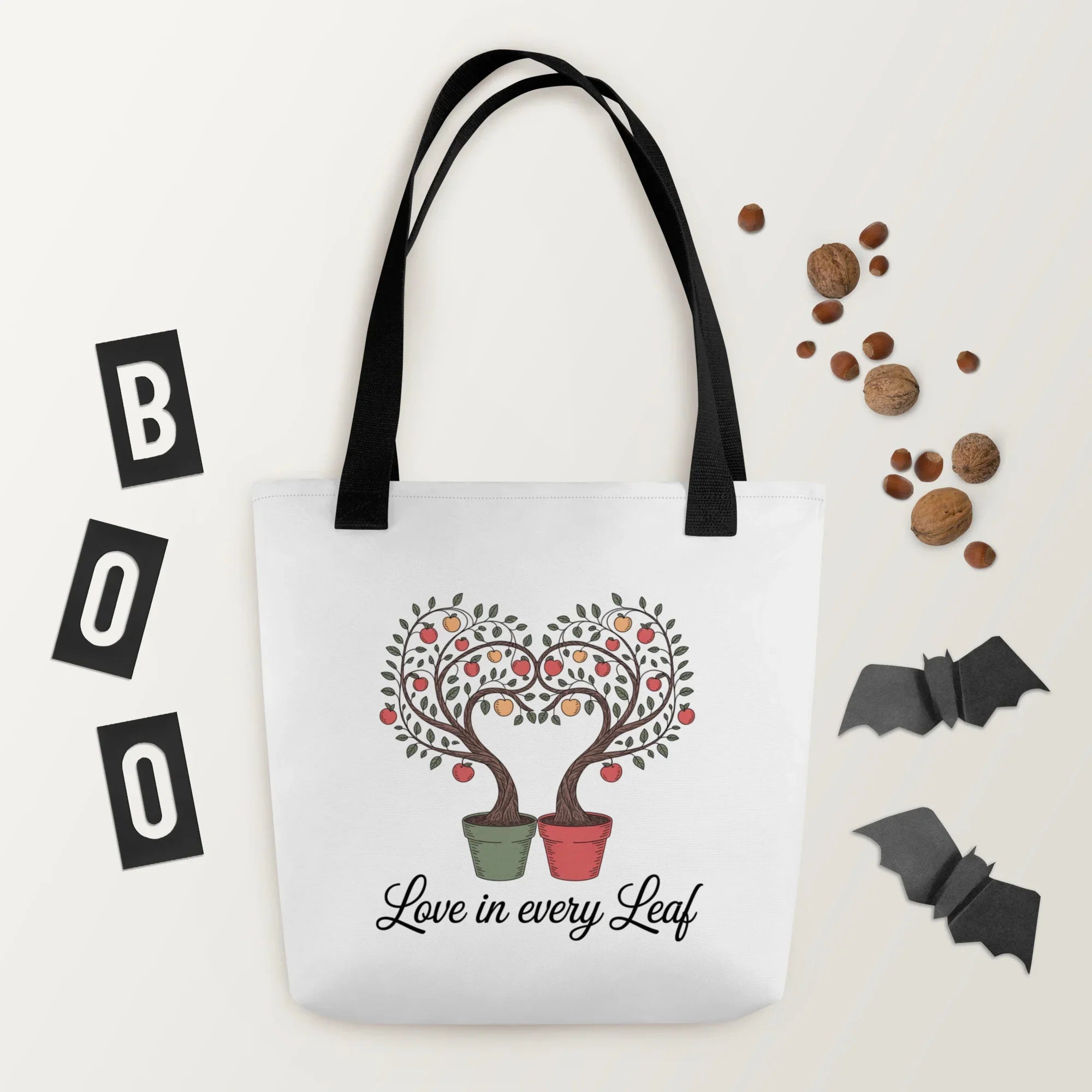 Love in Every Leaf Tote Bag – Heart-Shaped Apple Tree Design - RaZits