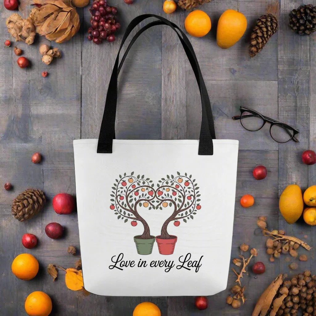 Love in Every Leaf Tote Bag – Heart-Shaped Apple Tree Design - RaZits