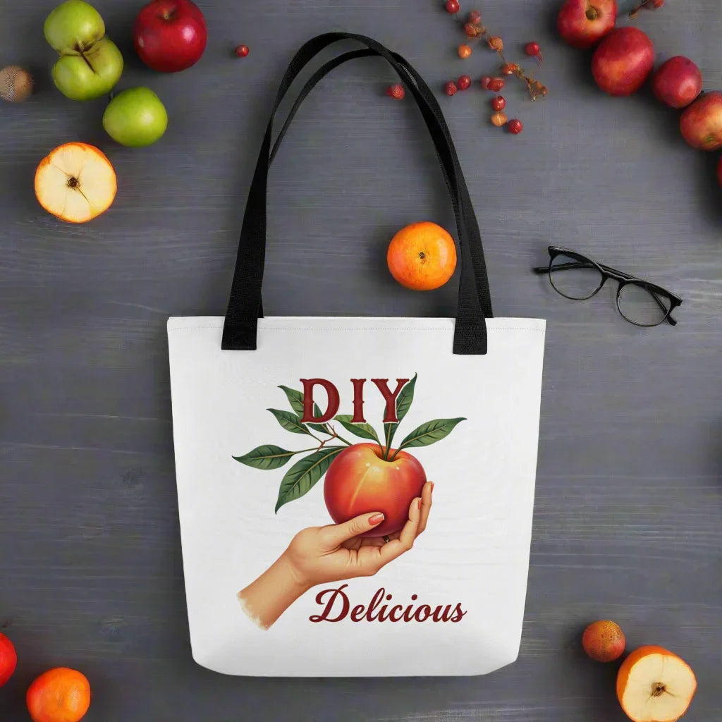 DIY Delicious Tote Bag – Apple in Hand Illustration - RaZits