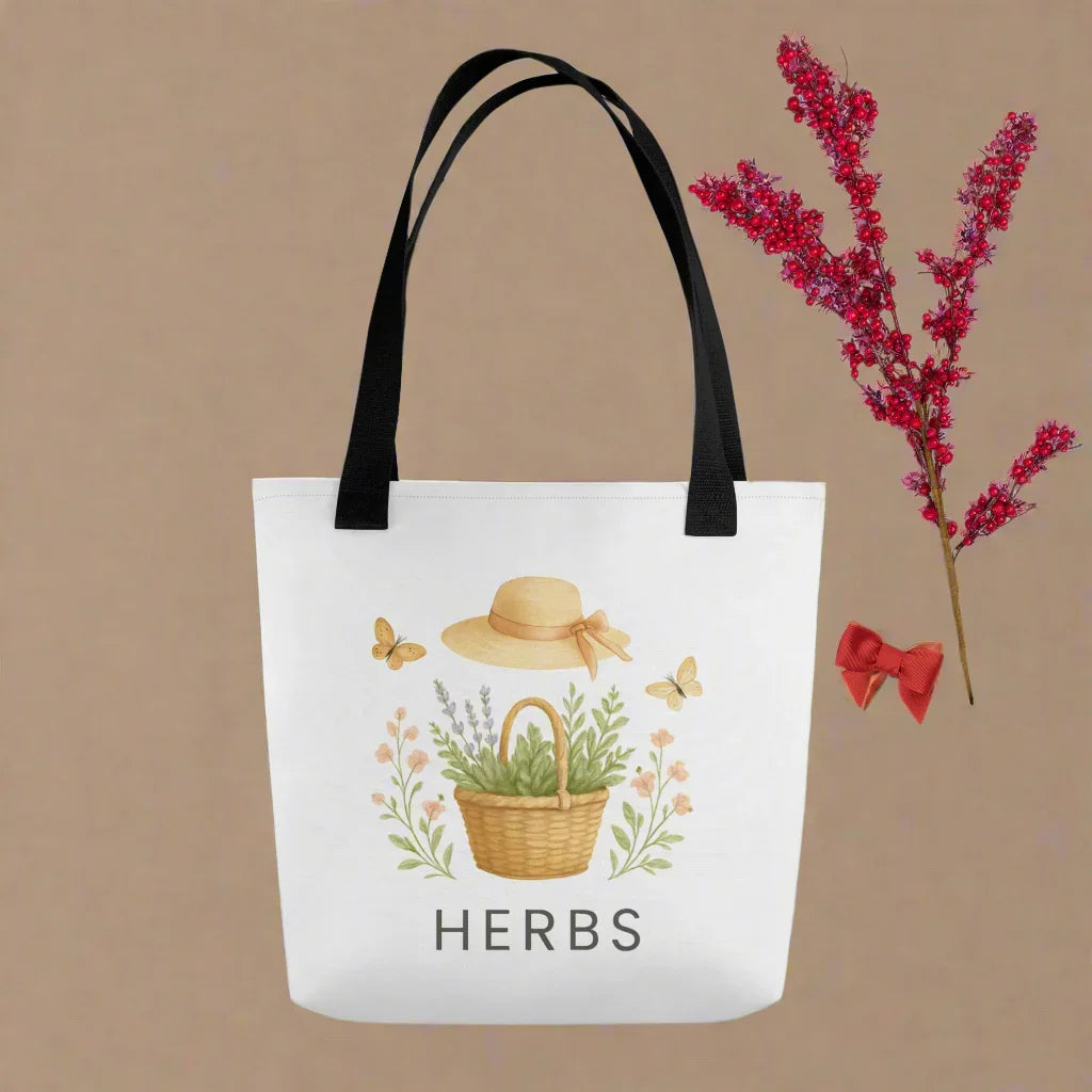 Herbs Tote Bag – Cottagecore Basket with Flowers & Butterflies - RaZits