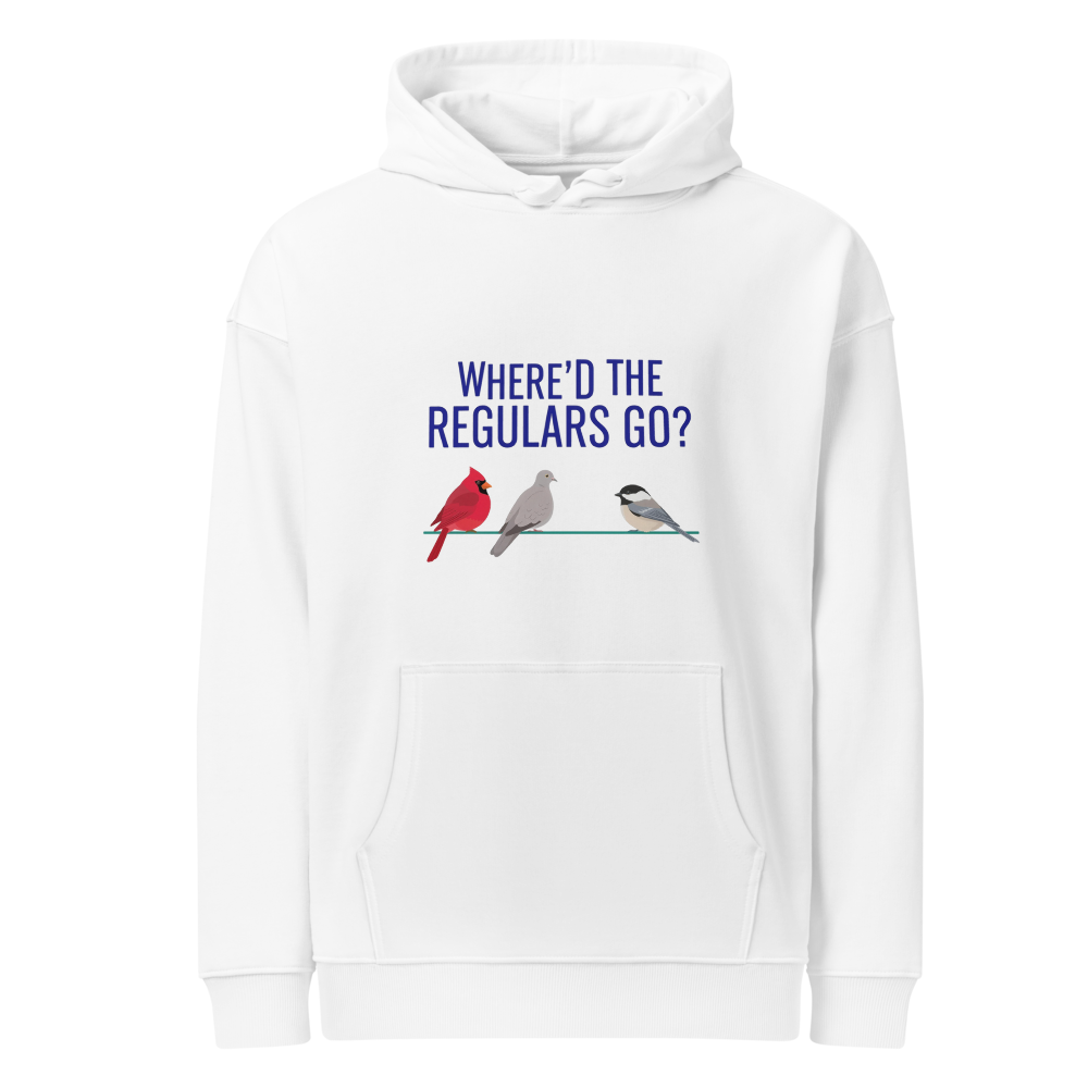 Backyard Bird Hoodie in White, front view: WHERE'D THE REGULARS GO? above three birds with a gap