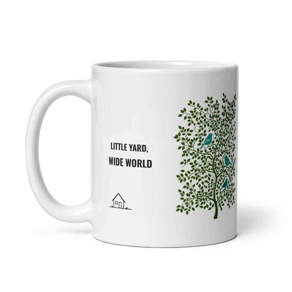 Backyard bird mug, 11 oz, handle on the left: the same design printed on the other side, so it faces out in either hand
