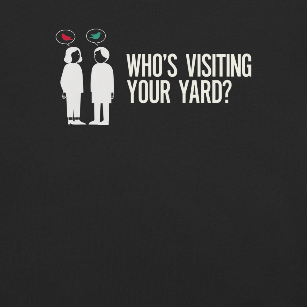 Detail of the Who's Visiting Your Yard? print on the black tee