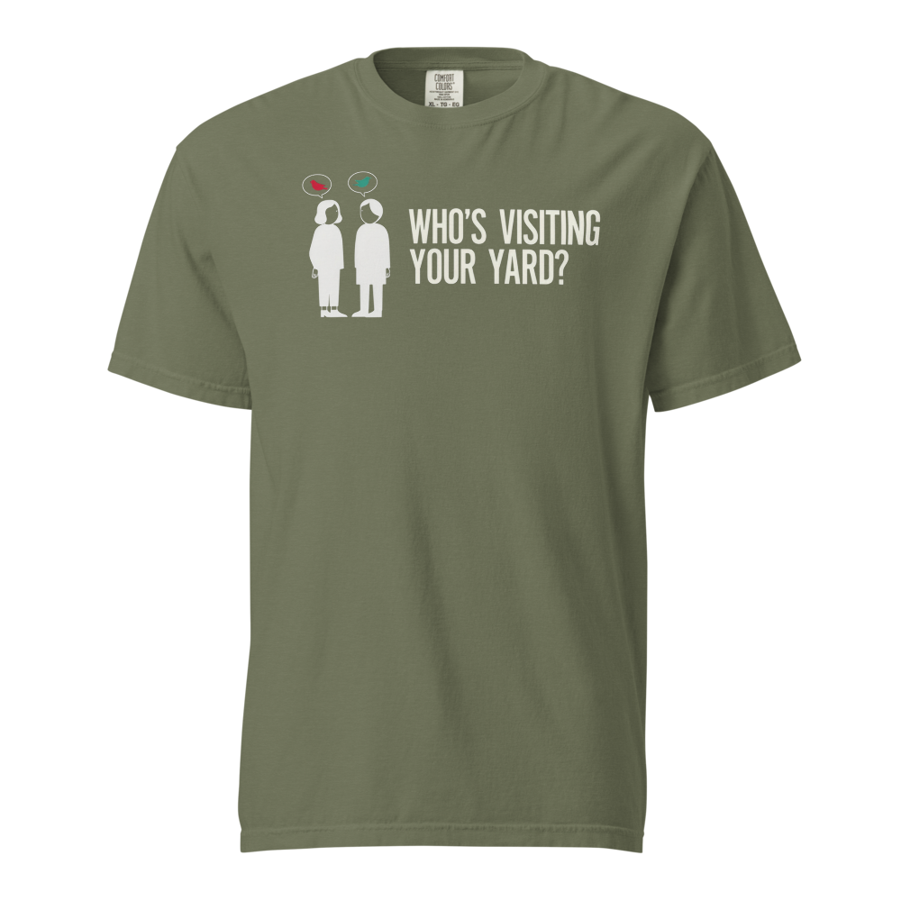 Backyard Bird Shirt in Moss, front view: two neighbors with bird speech bubbles and WHO'S VISITING YOUR YARD?