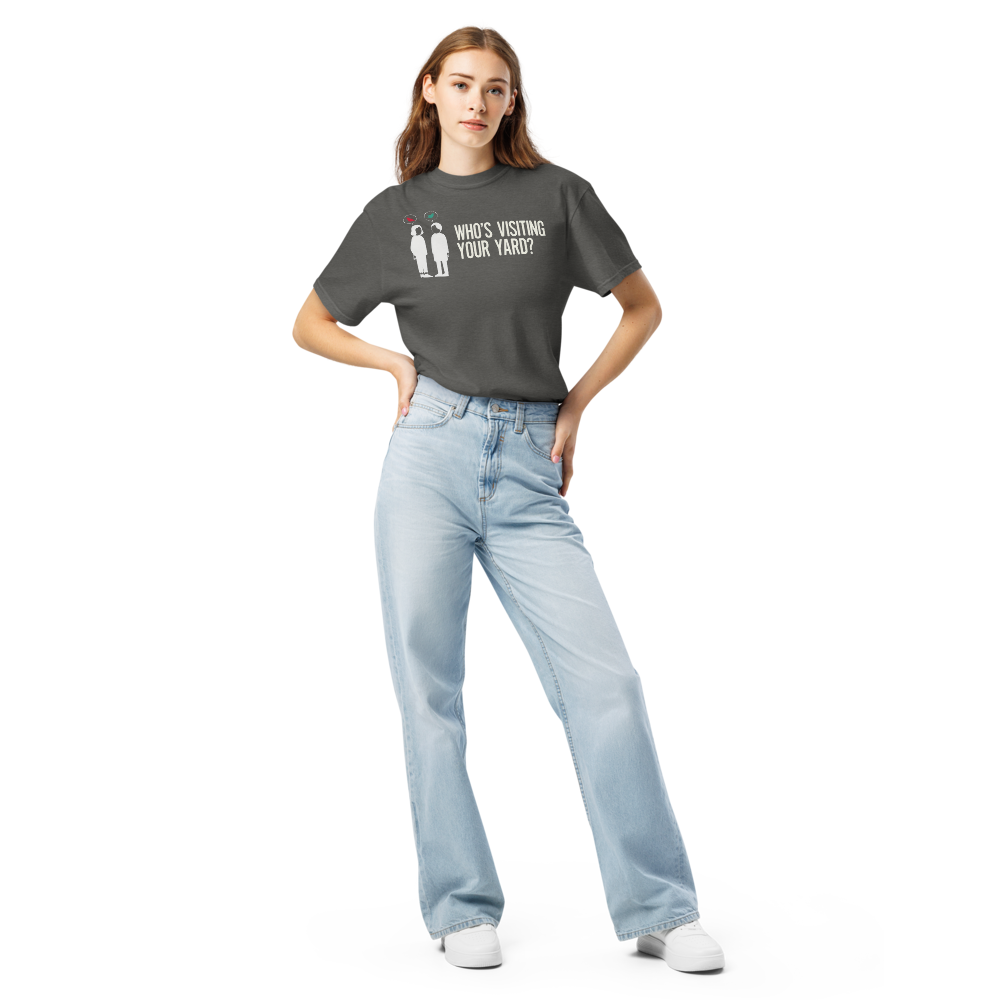 Woman wearing the Pepper backyard bird shirt with two neighbors with bird speech bubbles and WHO'S VISITING YOUR YARD?