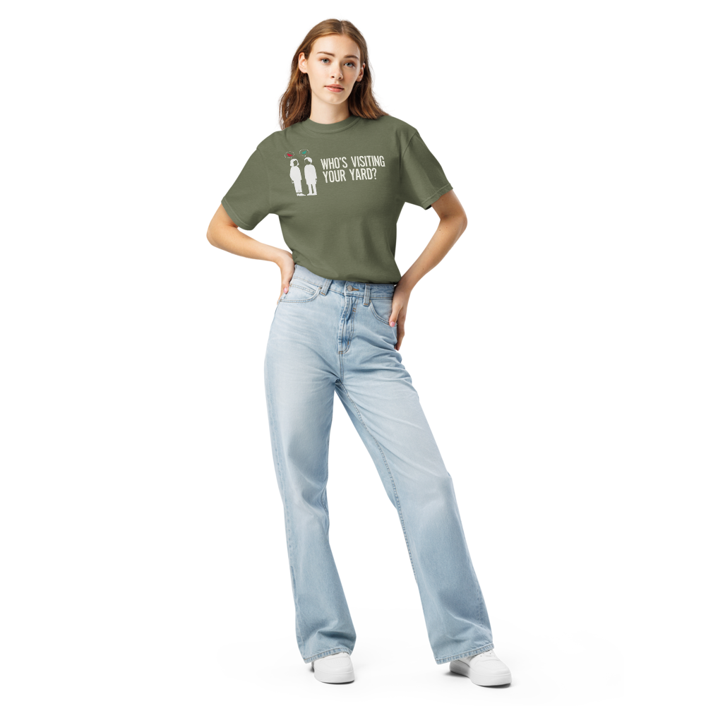 Woman wearing the Moss backyard bird shirt with two neighbors with bird speech bubbles and WHO'S VISITING YOUR YARD?