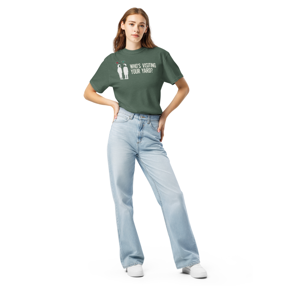 Woman wearing the Blue Spruce backyard bird shirt with two neighbors with bird speech bubbles and WHO'S VISITING YOUR YARD?