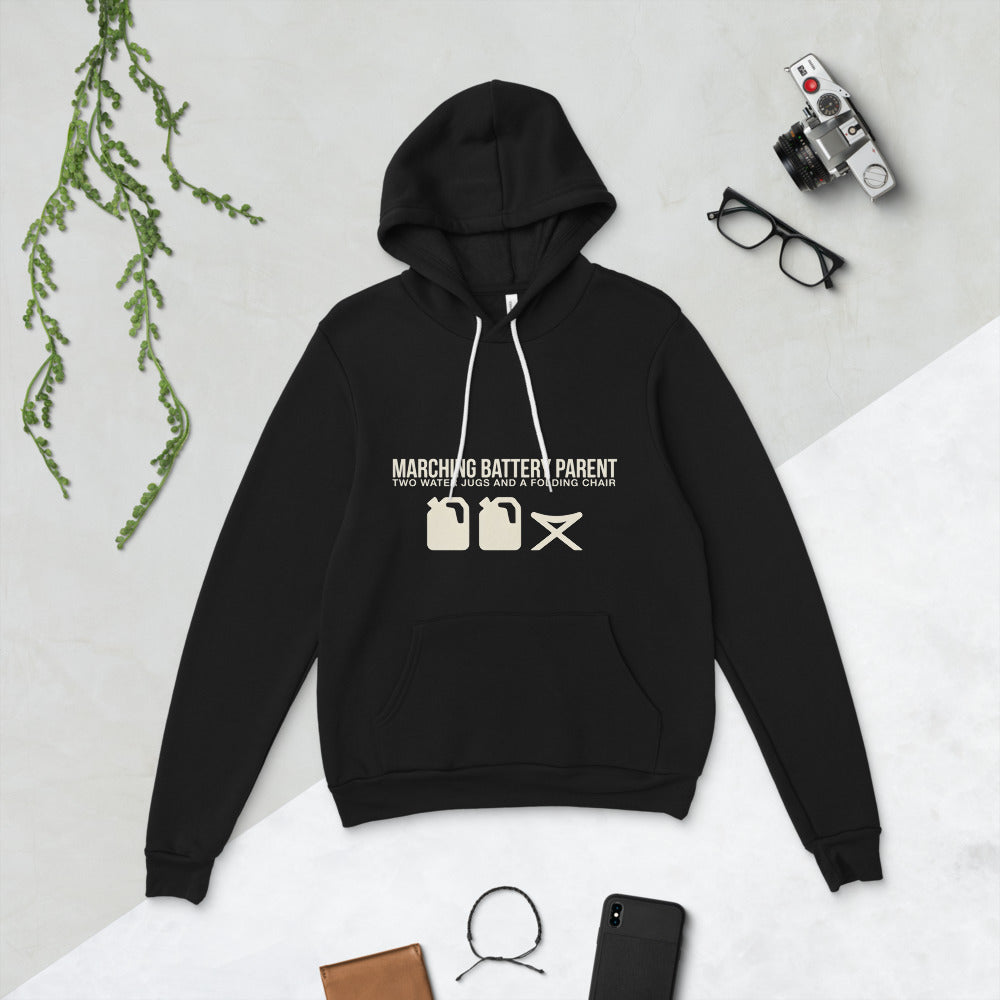 Marching Battery Parent hoodie flat lay front - two water jugs and a folding chair design detail